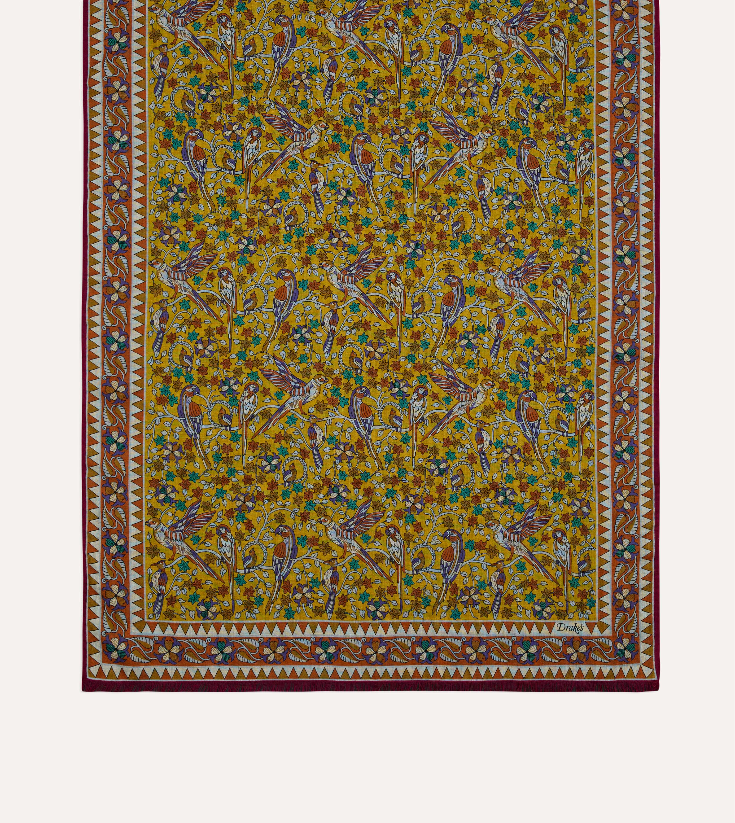 Yellow Birds and Flowers Print Wool-Silk Scarf