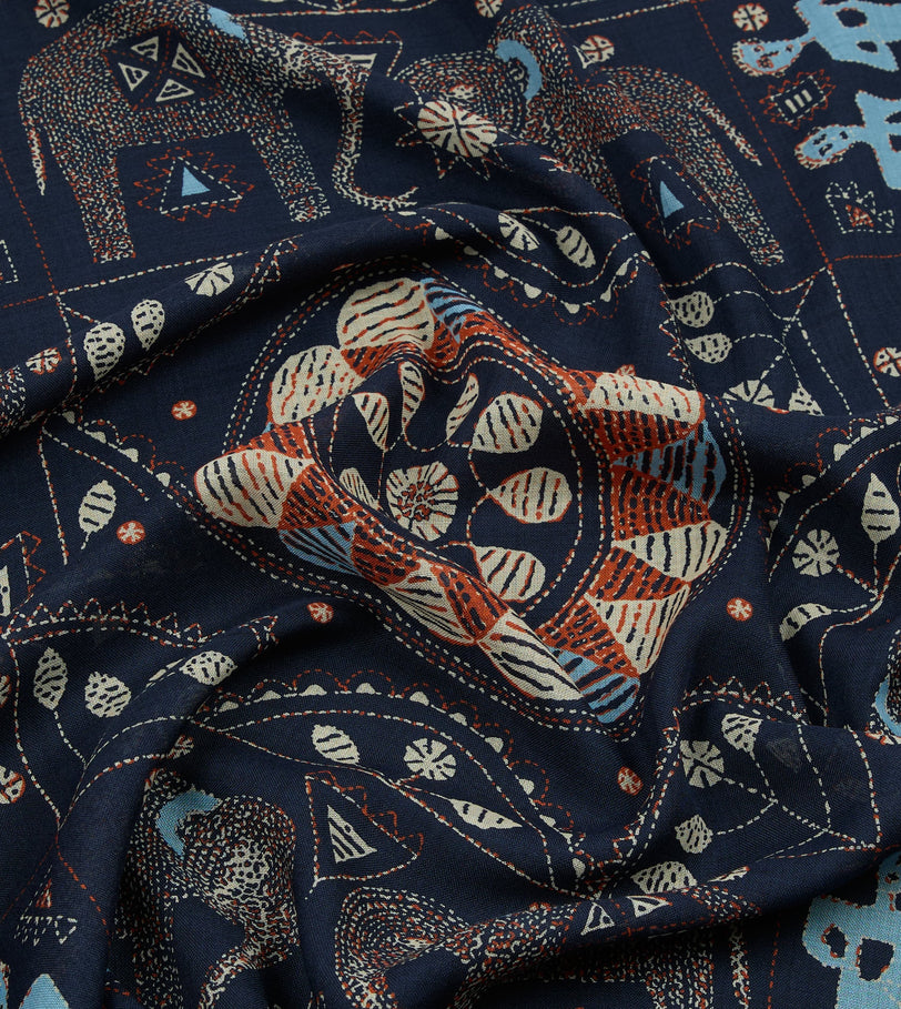 Navy Embroidered Elephant Print Wool Silk Scarf