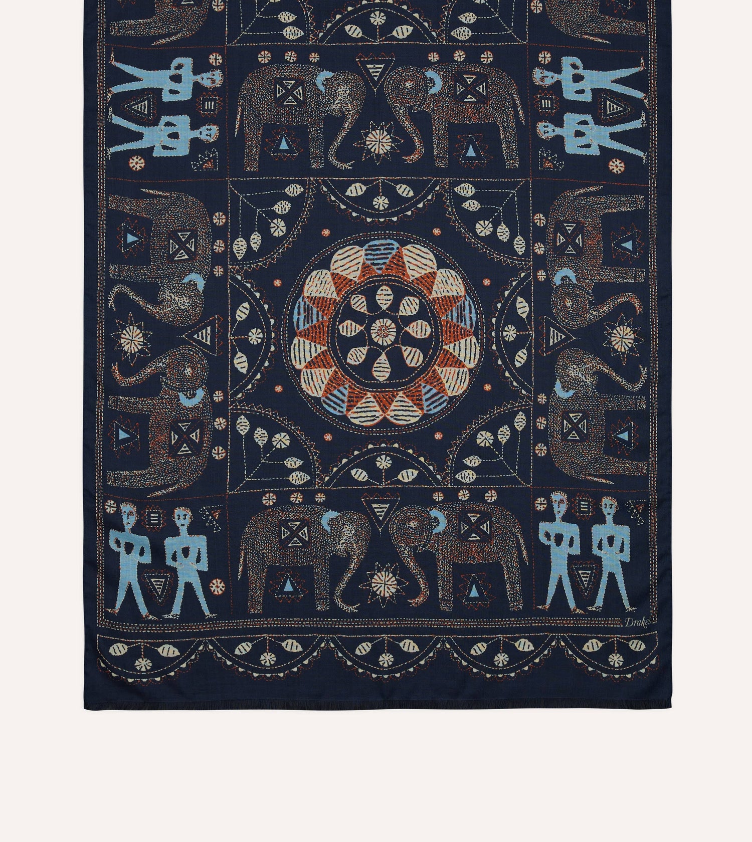 Navy Embroidered Elephant Print Wool Silk Scarf
