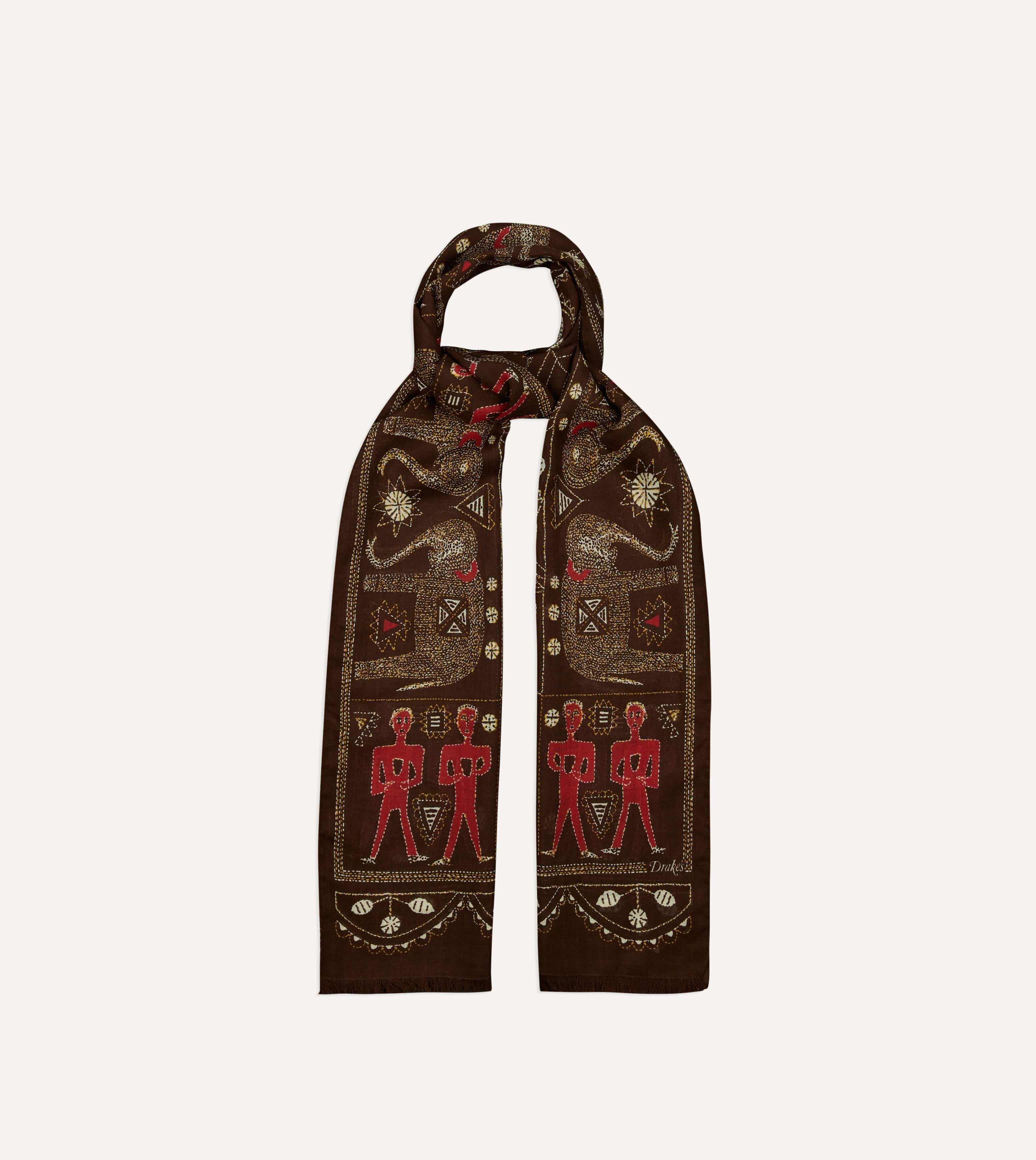 Brown Embroidered Elephant Print Wool Silk Scarf