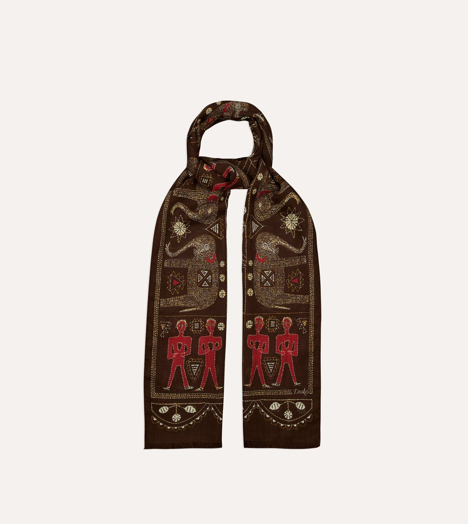 Brown Embroidered Elephant Print Wool Silk Scarf