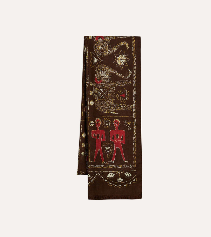 Brown Embroidered Elephant Print Wool Silk Scarf