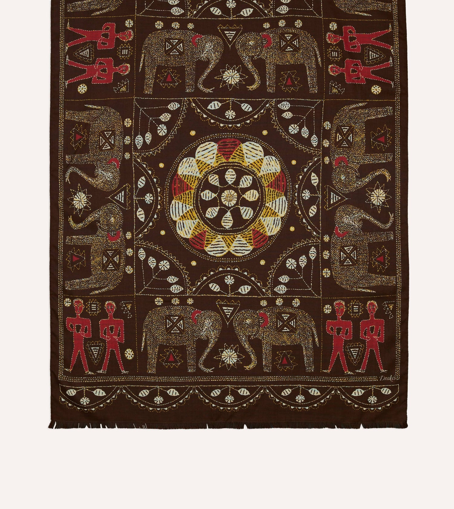 Brown Embroidered Elephant Print Wool Silk Scarf