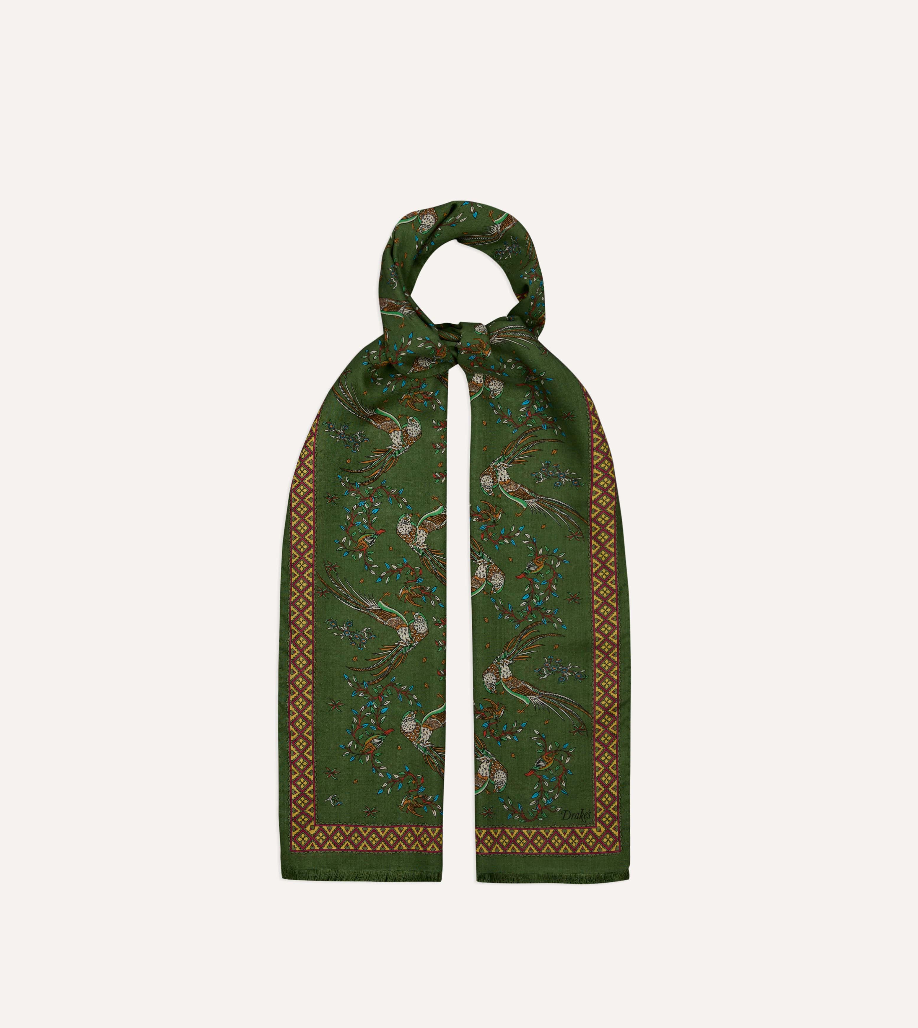 Olive Birds of Paradise Print Wool Silk Scarf