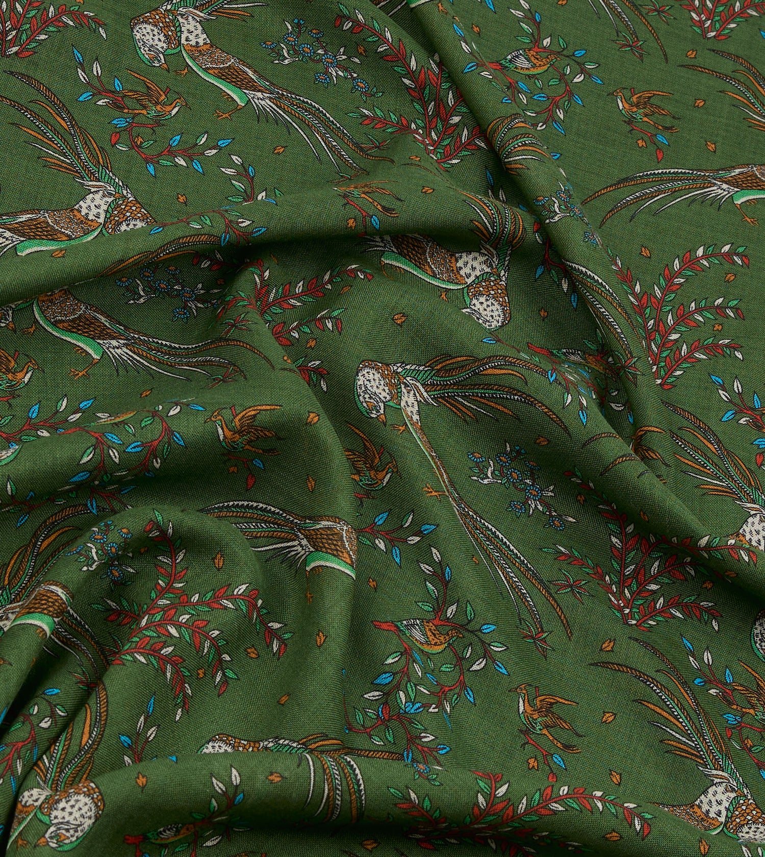 Olive Birds of Paradise Print Wool Silk Scarf