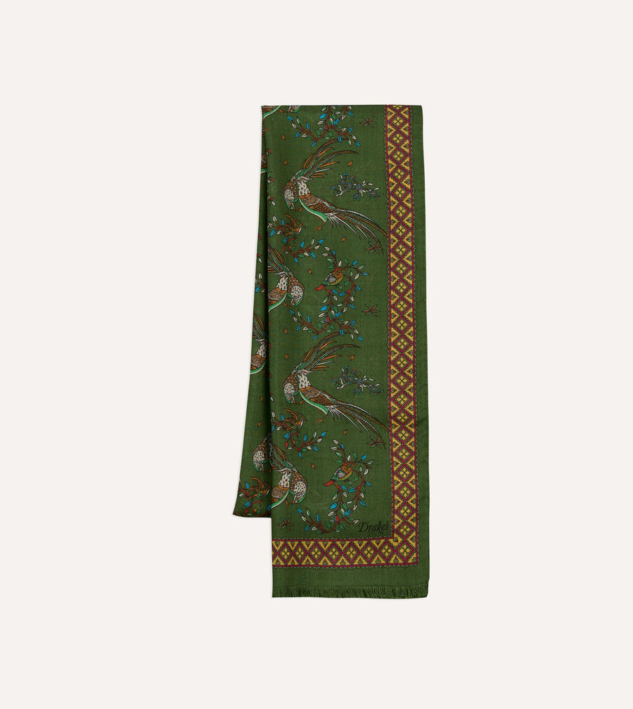 Olive Birds of Paradise Print Wool Silk Scarf
