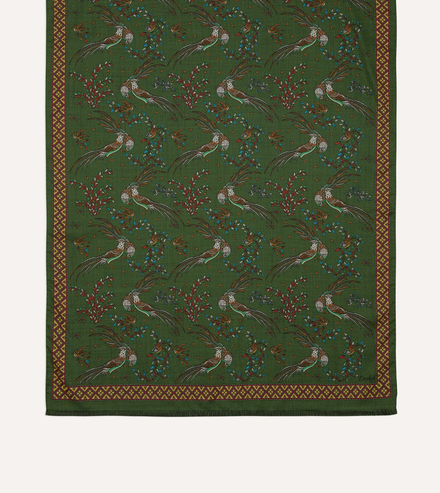 Olive Birds of Paradise Print Wool Silk Scarf