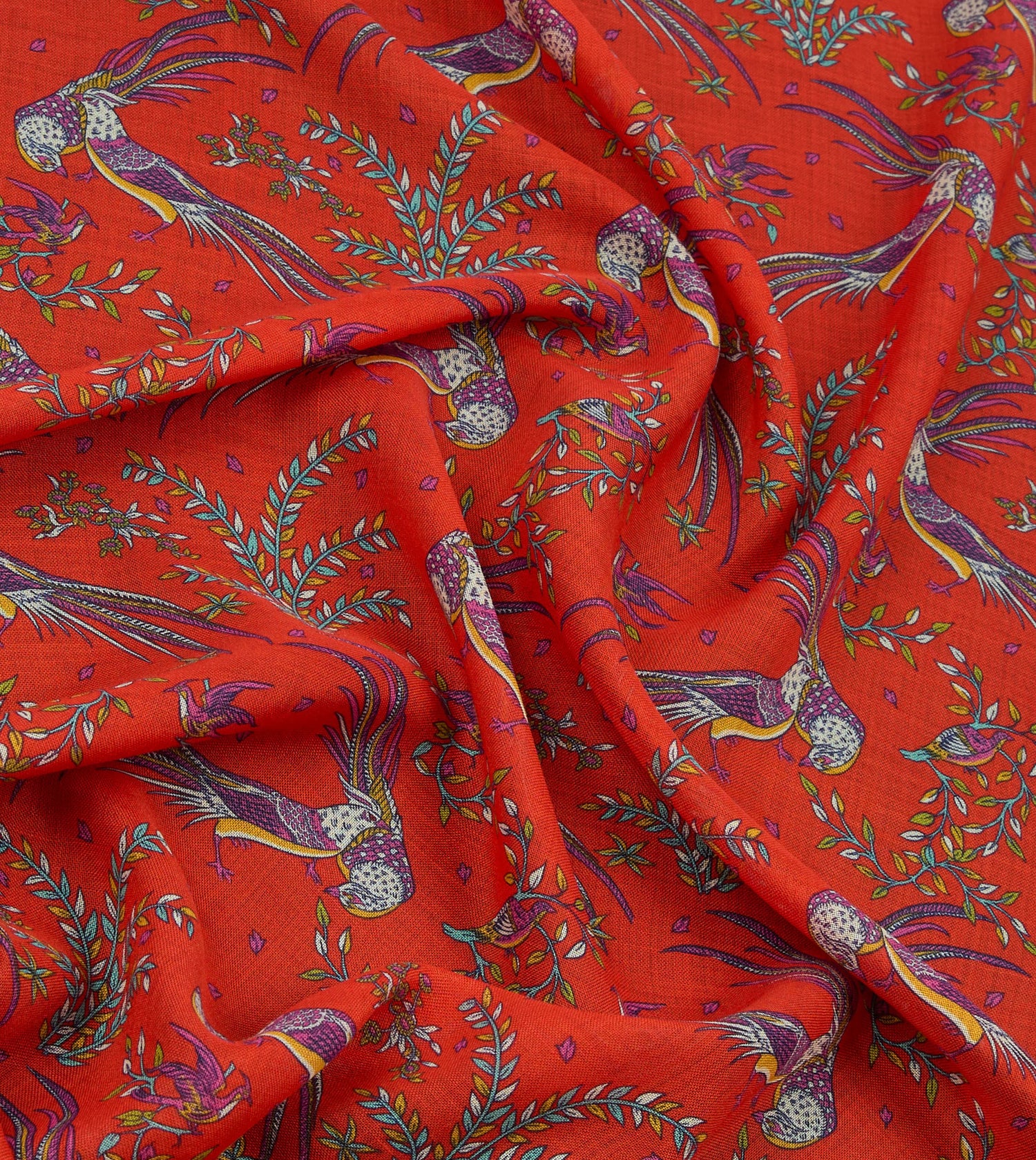Red Birds of Paradise Print Wool Silk Scarf