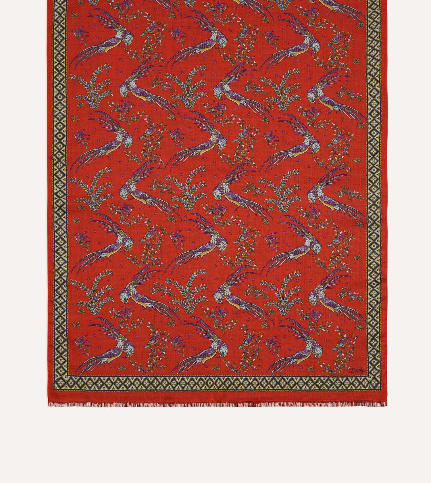 Red Birds of Paradise Print Wool Silk Scarf