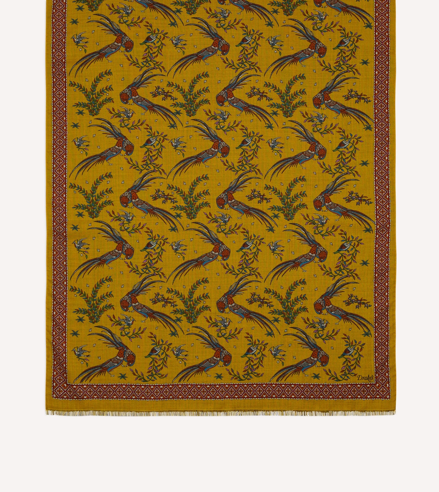 Yellow Birds of Paradise Print Wool Silk Scarf