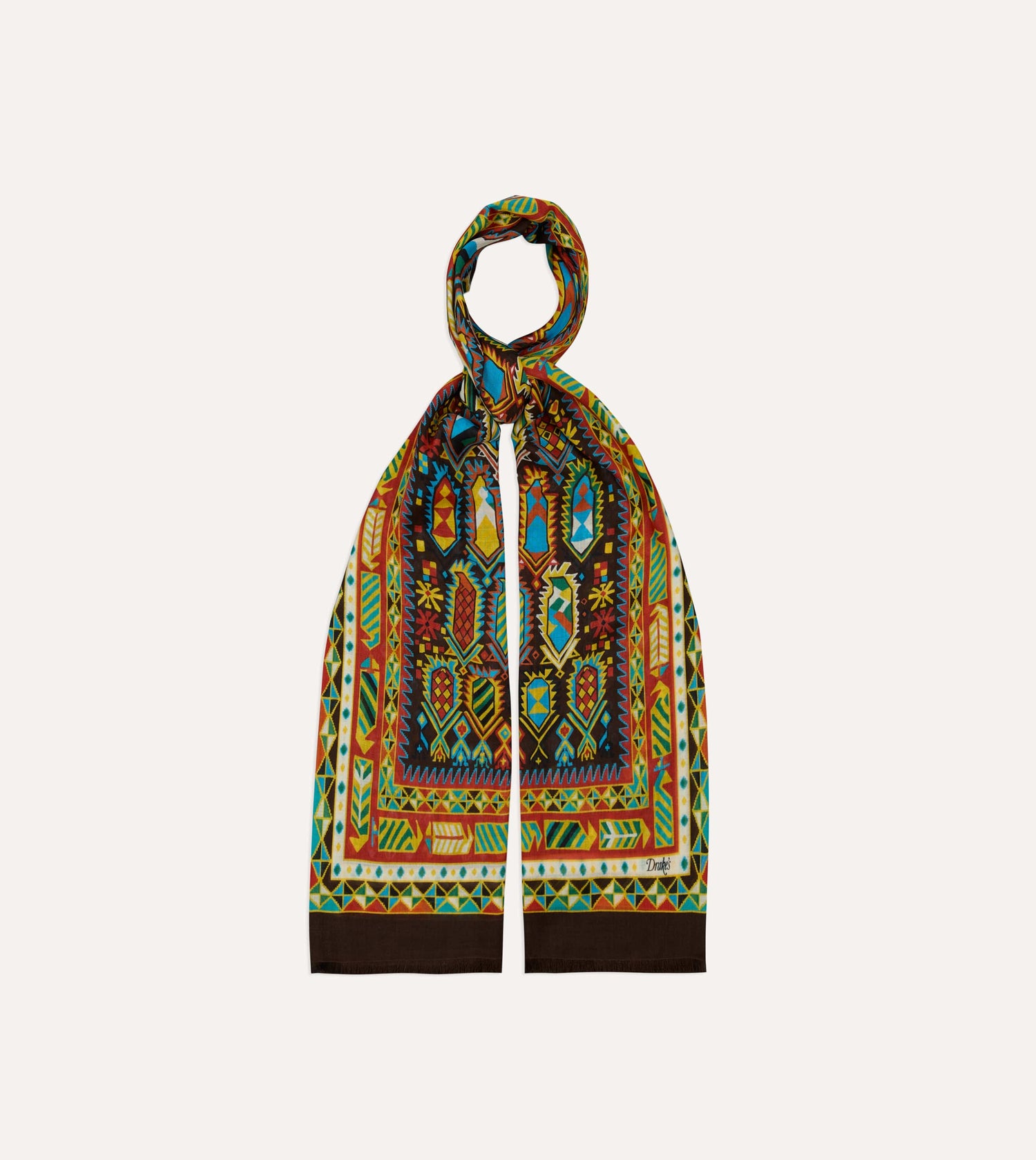 Brown Rug Print Tubular Wool-Silk Scarf