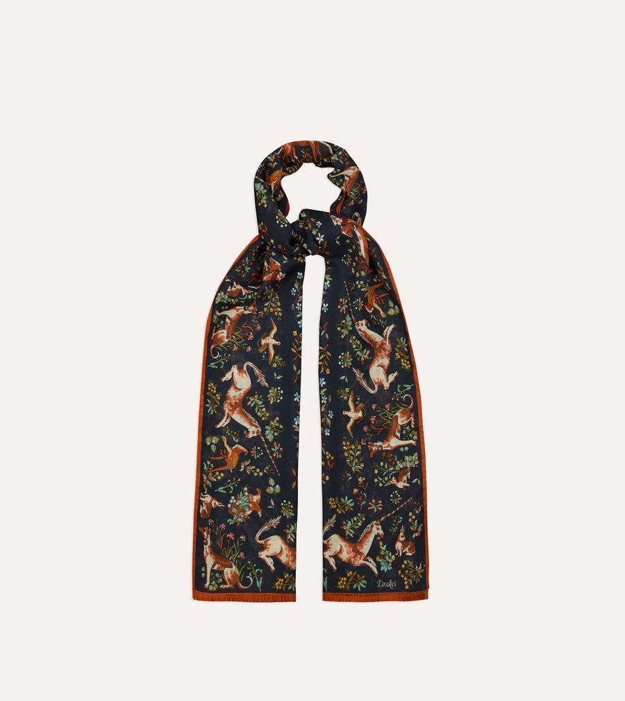 Navy Unicorn Garden Print Tubular Wool-Silk Scarf
