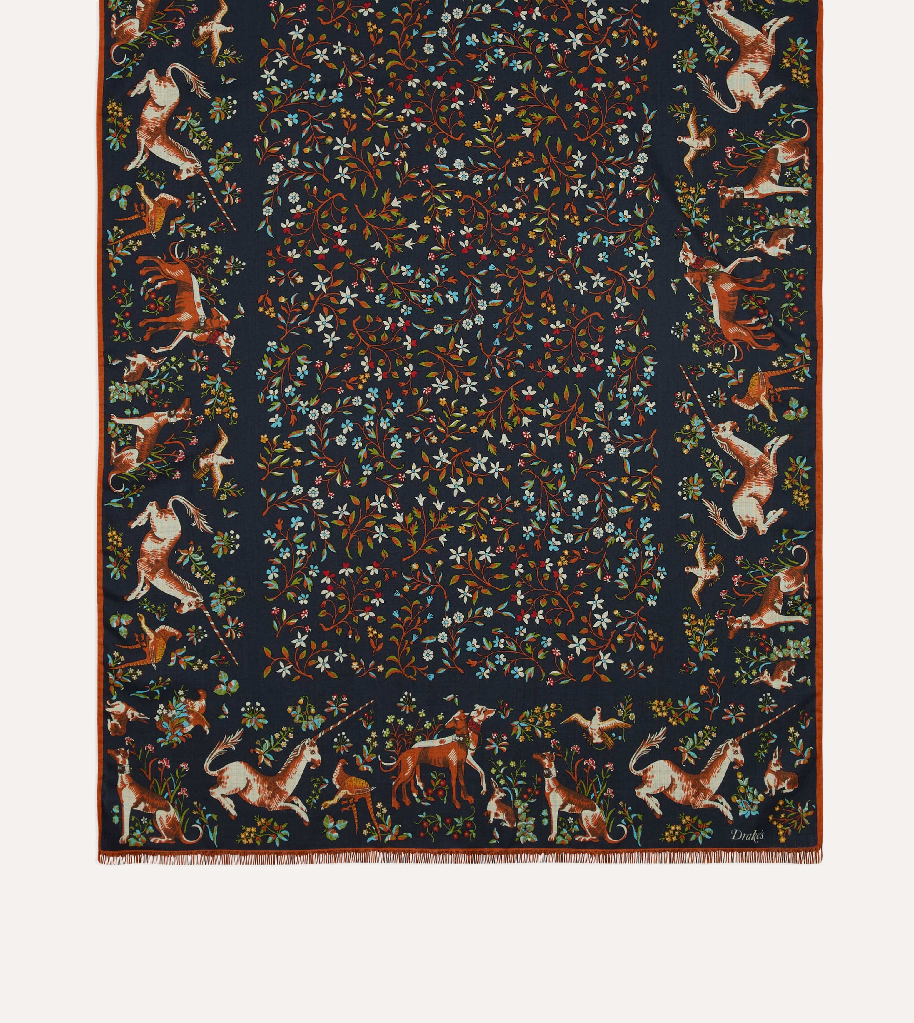 Navy Unicorn Garden Print Tubular Wool-Silk Scarf