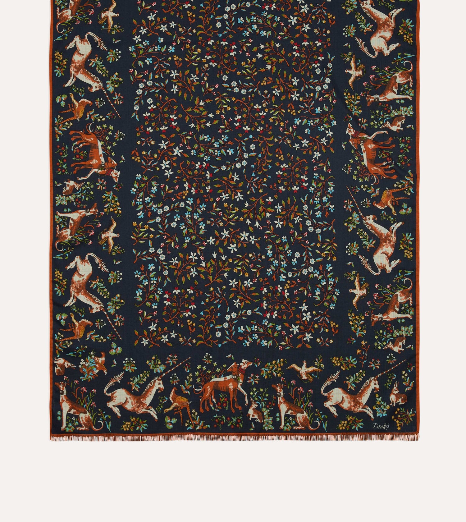 Navy Unicorn Garden Print Tubular Wool-Silk Scarf