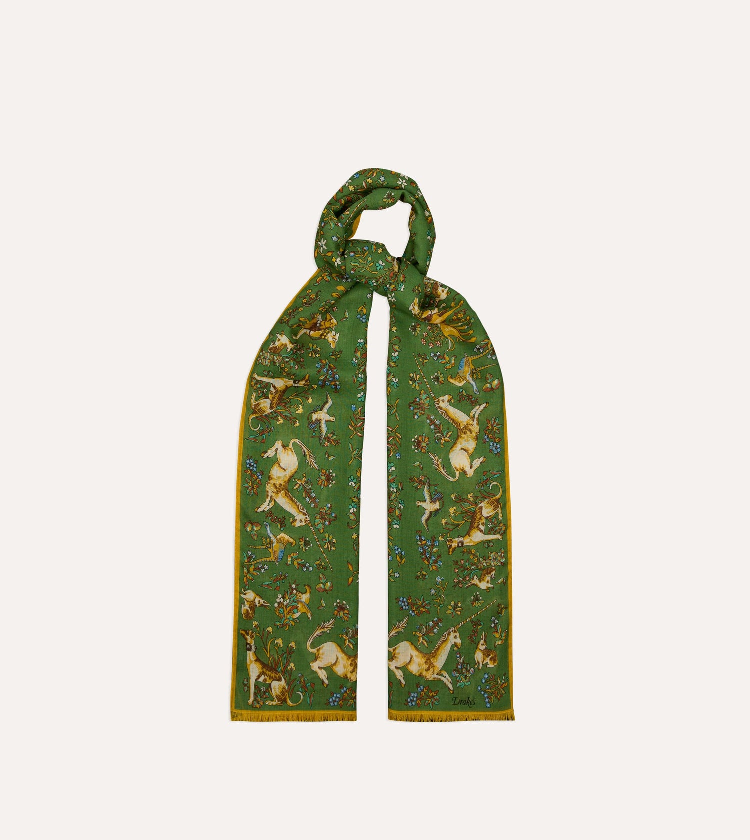 Olive Unicorn Garden Print Tubular Wool-Silk Scarf