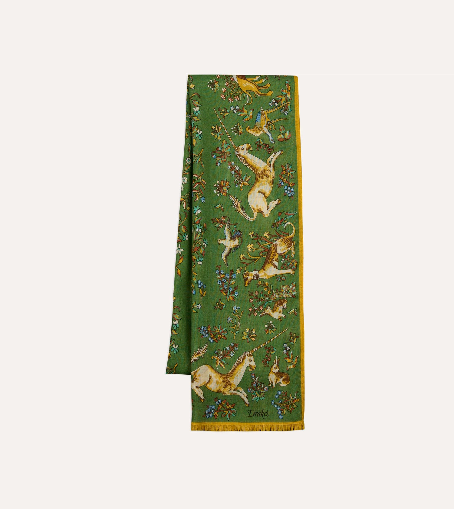 Olive Unicorn Garden Print Tubular Wool-Silk Scarf
