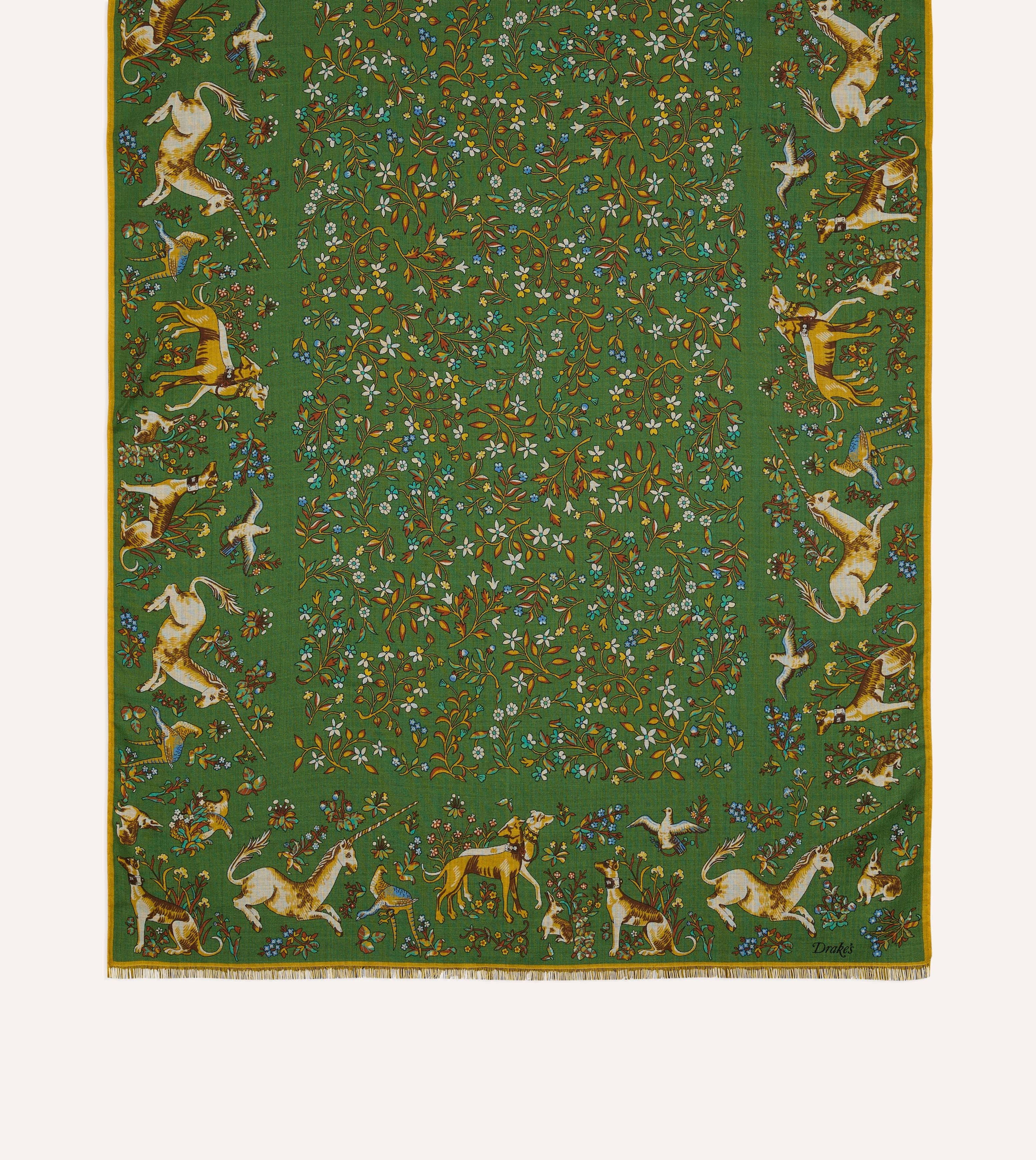 Olive Unicorn Garden Print Tubular Wool-Silk Scarf