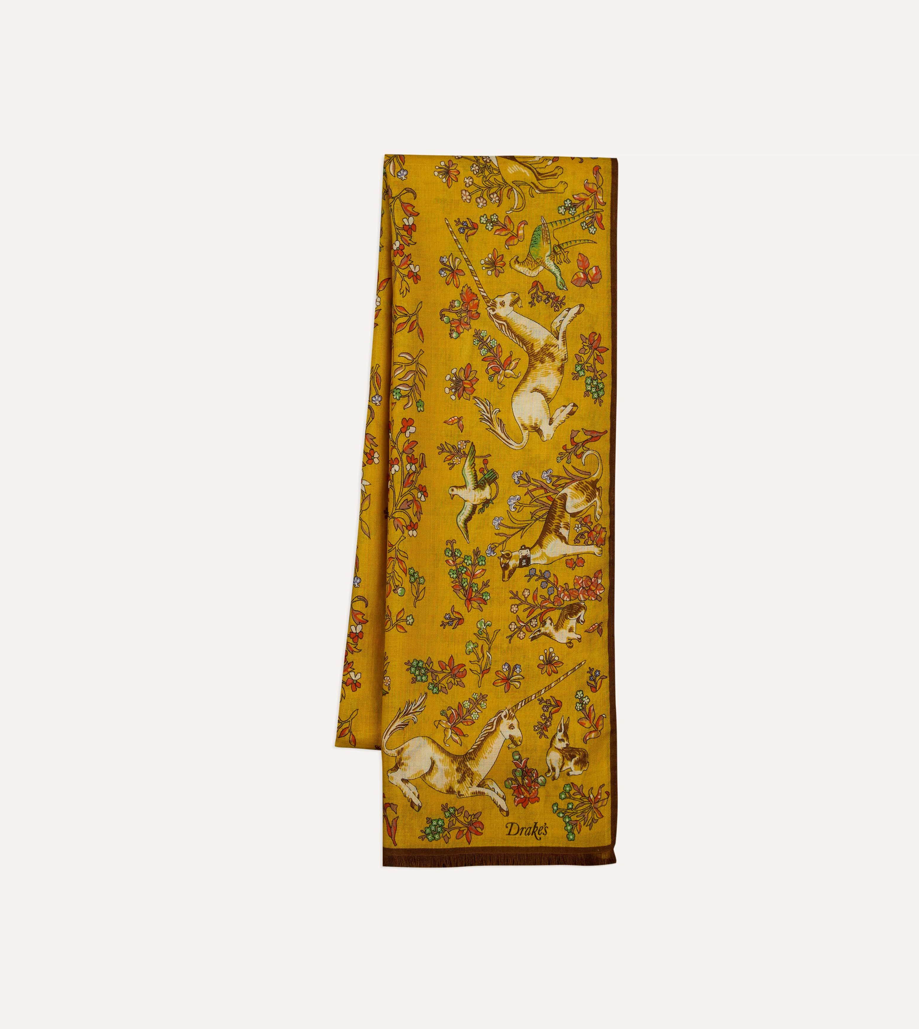 Yellow Unicorn Garden Print Tubular Wool-Silk Scarf