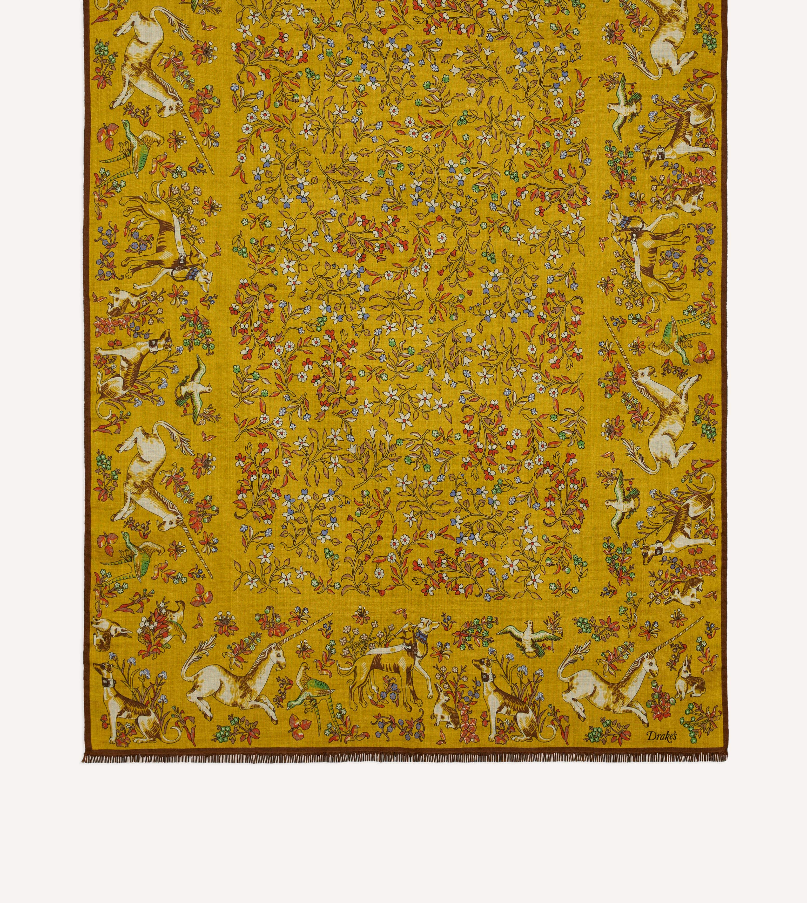 Yellow Unicorn Garden Print Tubular Wool-Silk Scarf