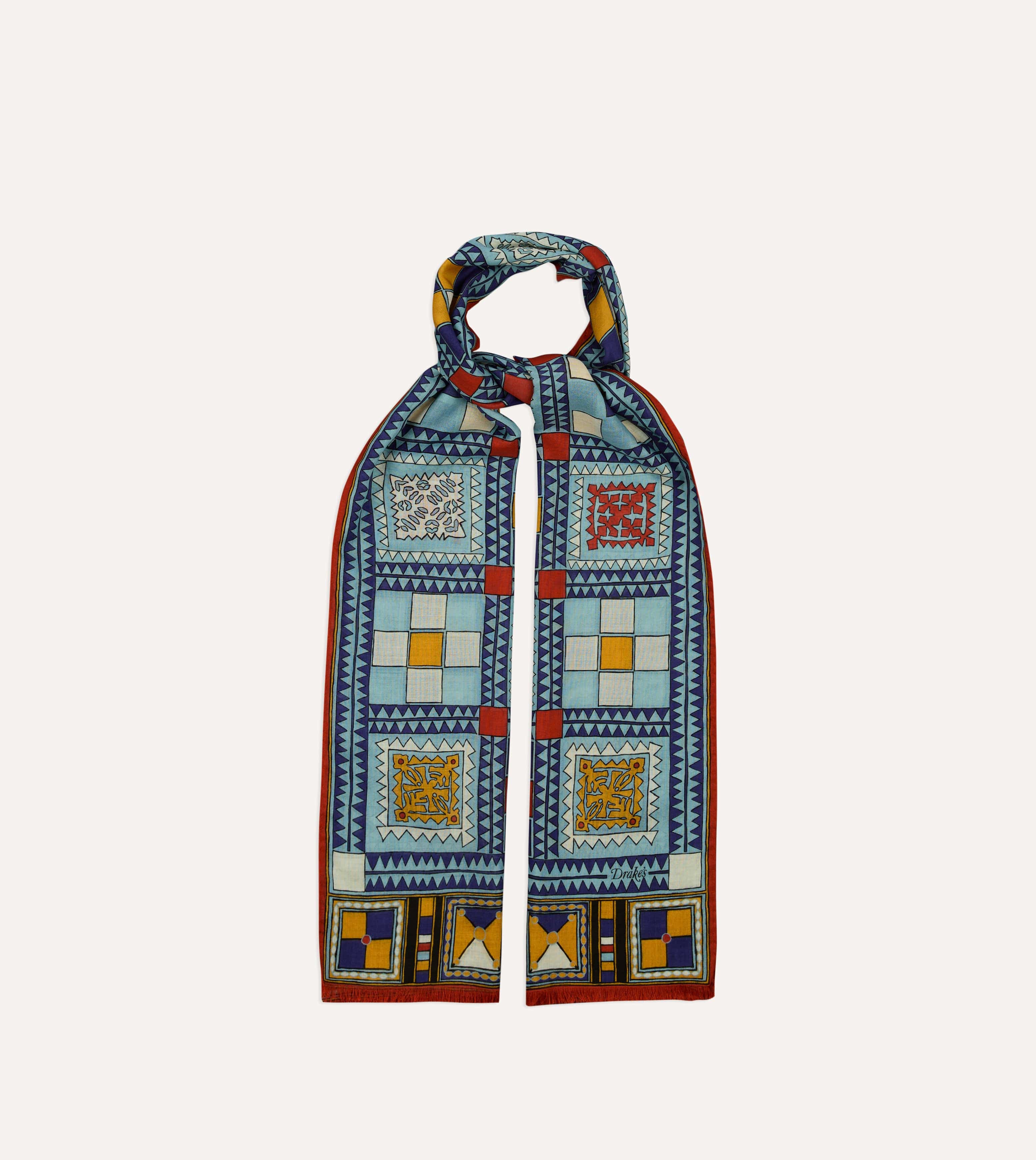 Blue Geometric Print Wool Silk Scarf