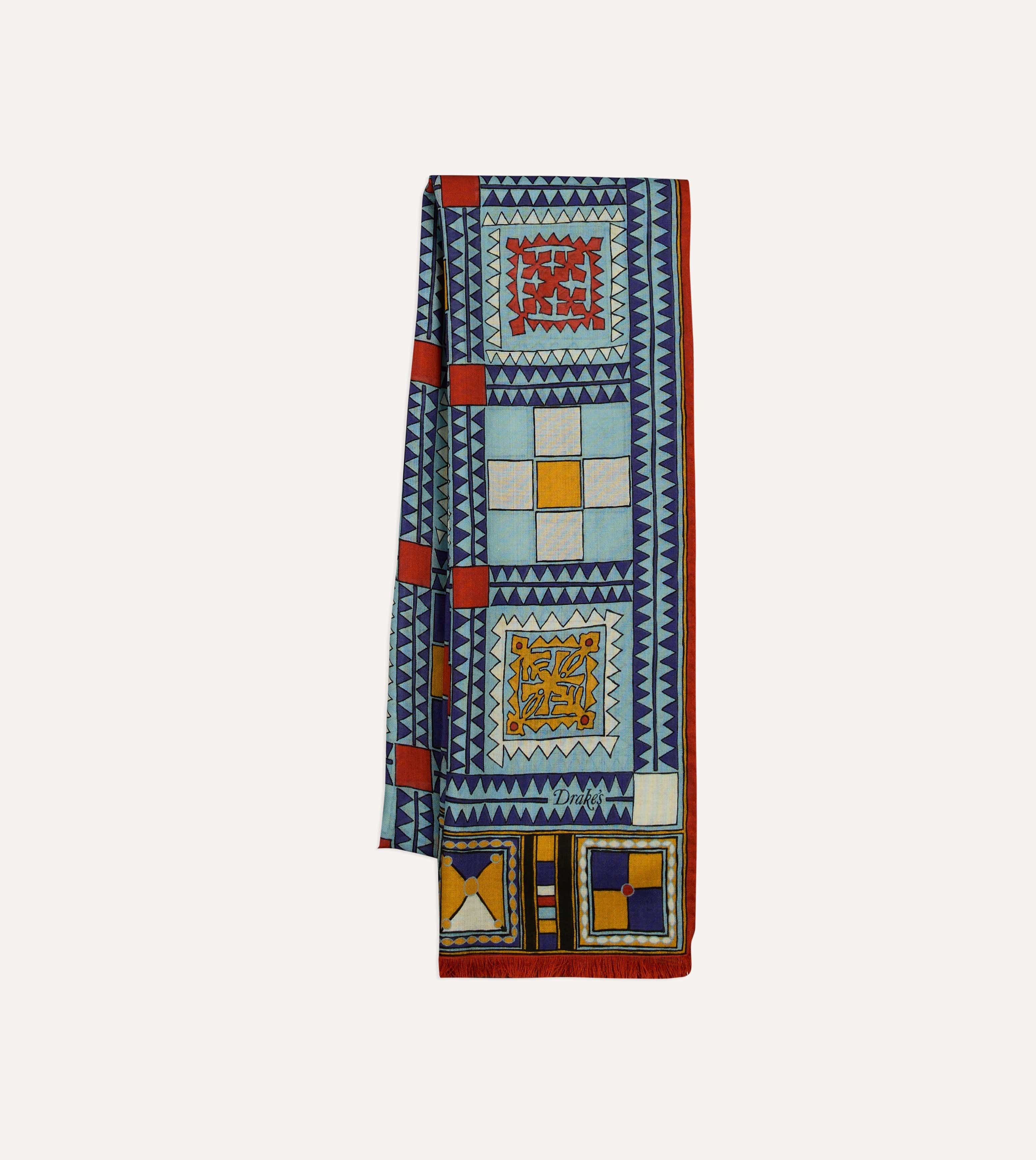 Blue Geometric Print Wool Silk Scarf