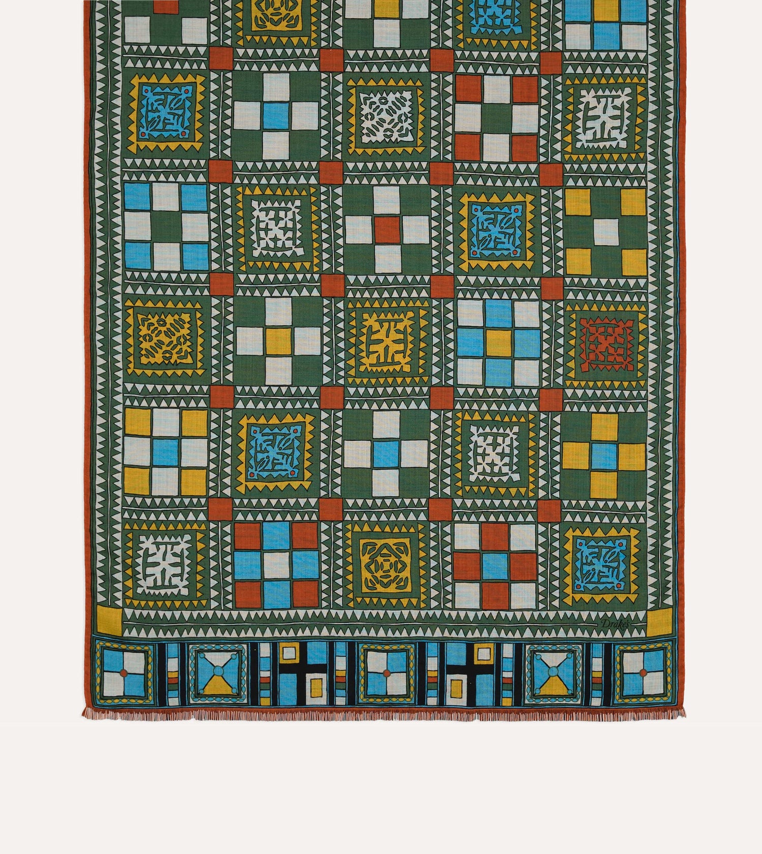 Green Geometric Print Wool Silk Scarf