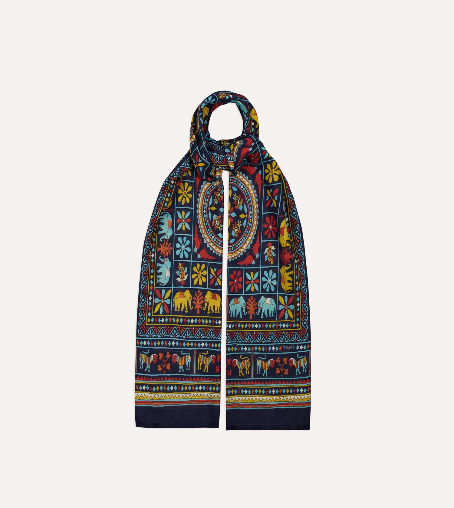 Navy Elephants and Flowers Print Wool-Silk Scarf