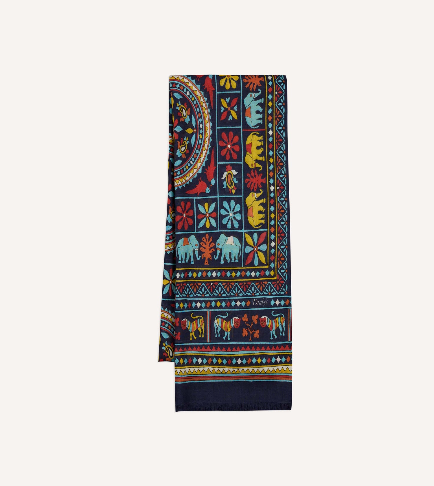 Navy Elephants and Flowers Print Wool-Silk Scarf