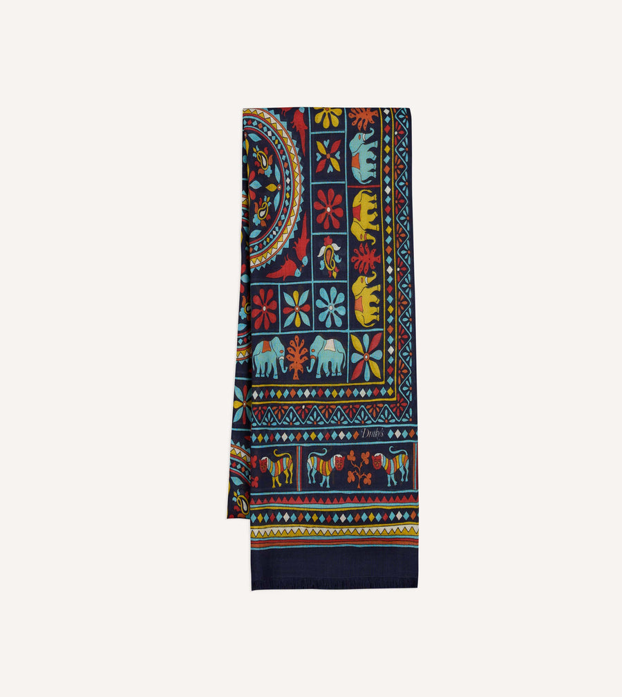 Navy Elephants and Flowers Print Wool-Silk Scarf