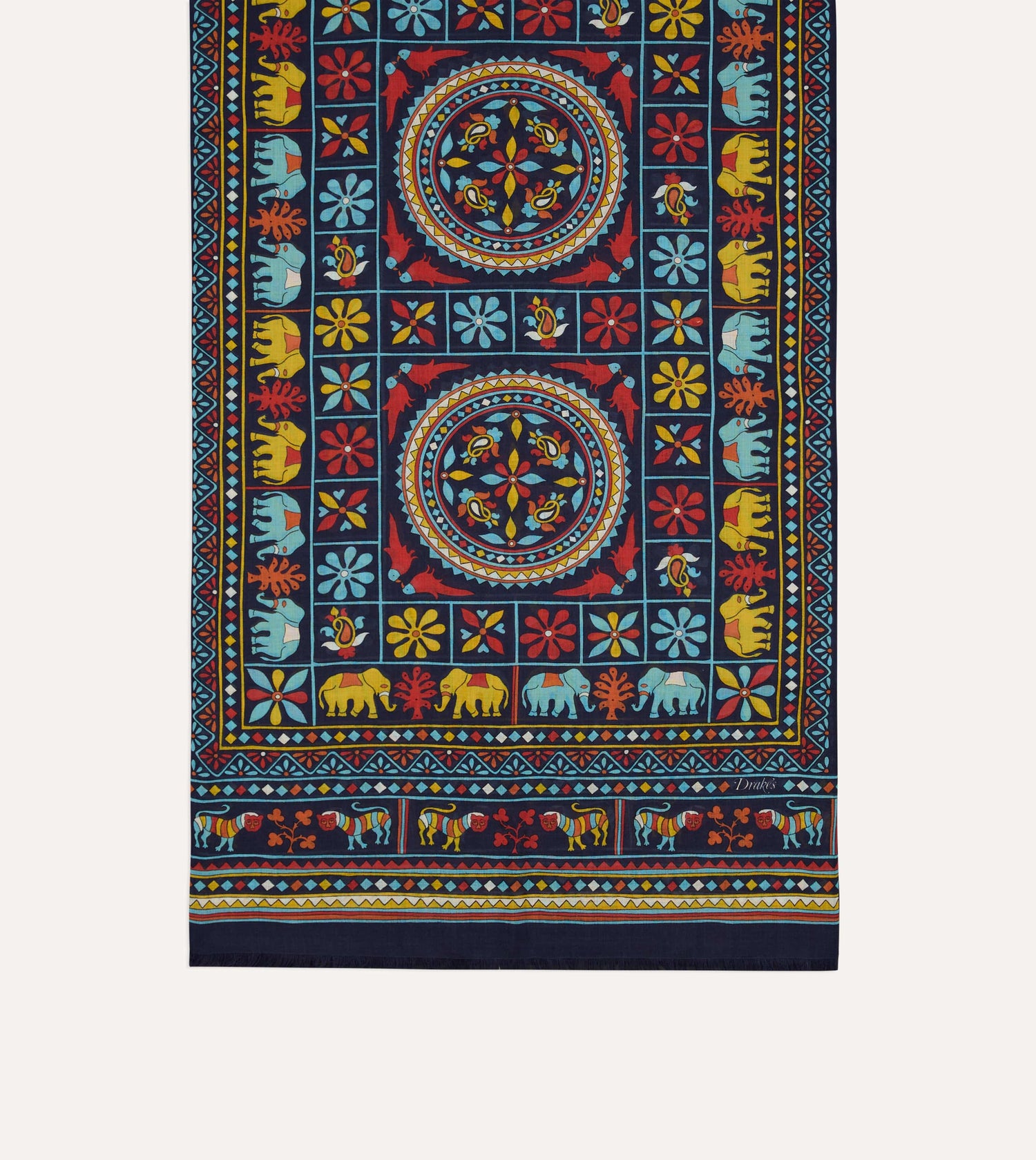 Navy Elephants and Flowers Print Wool-Silk Scarf