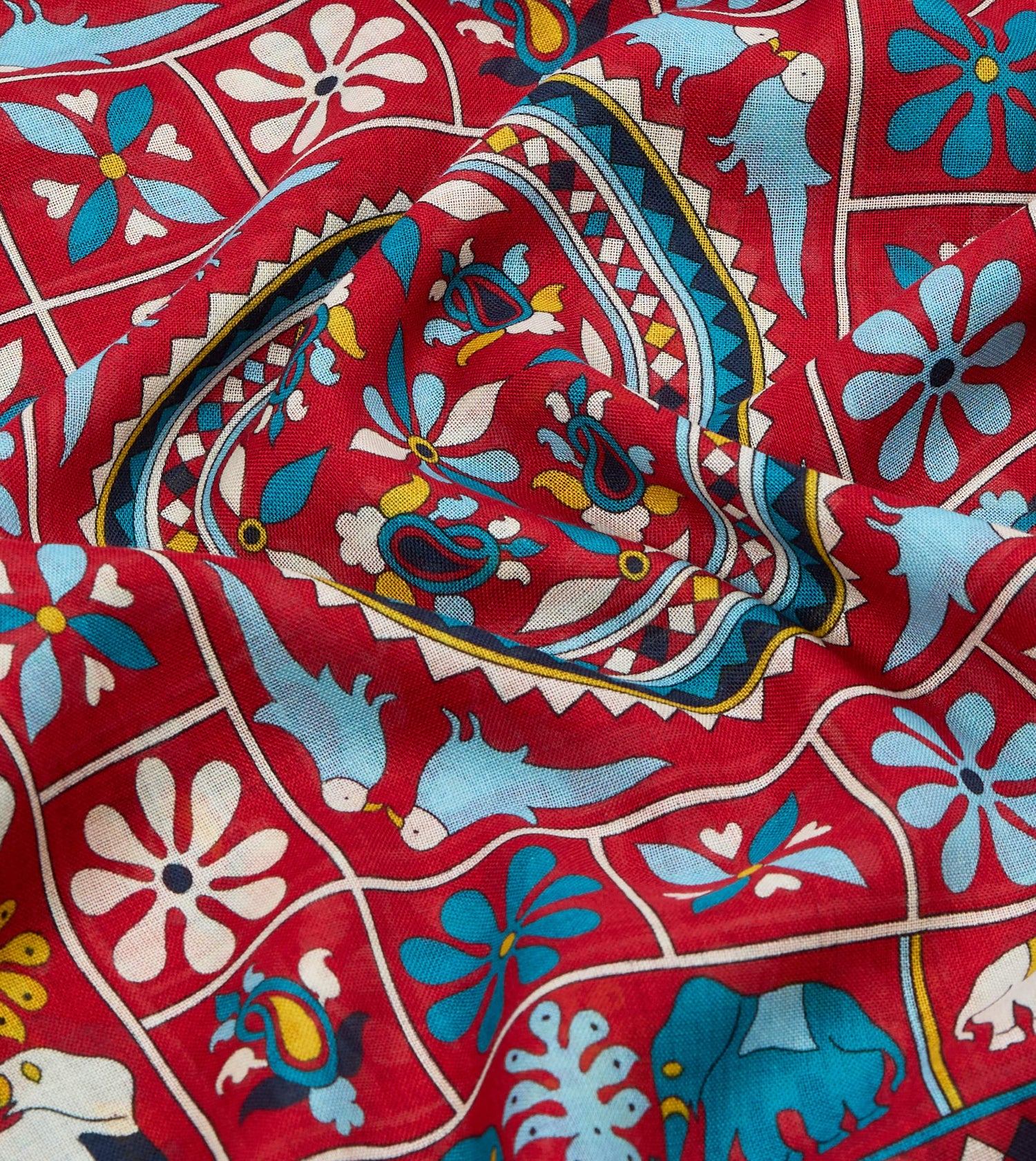 Red Elephants and Flowers Print Wool-Silk Scarf