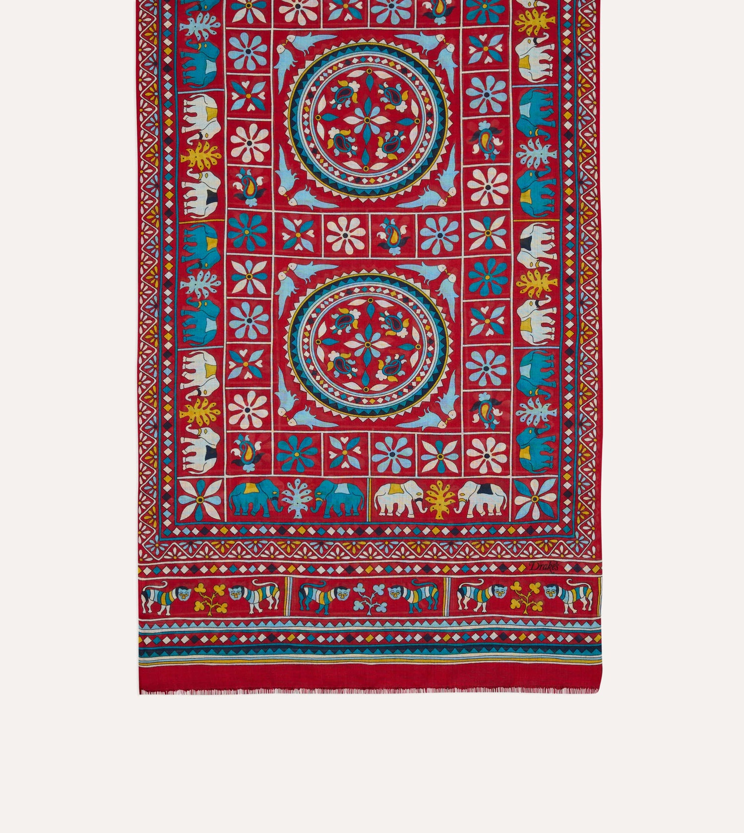 Red Elephants and Flowers Print Wool-Silk Scarf