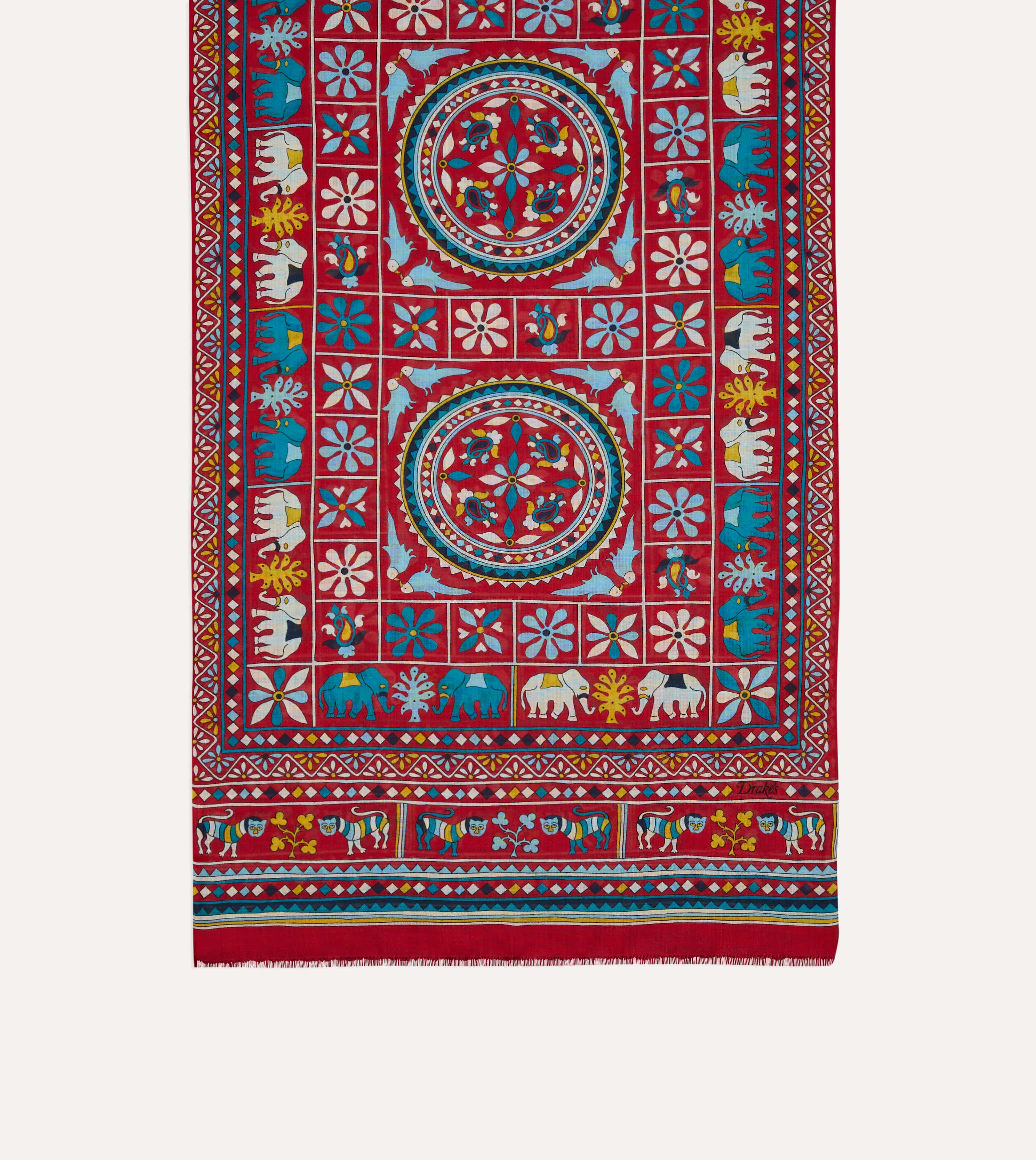 Red Elephants and Flowers Print Wool-Silk Scarf
