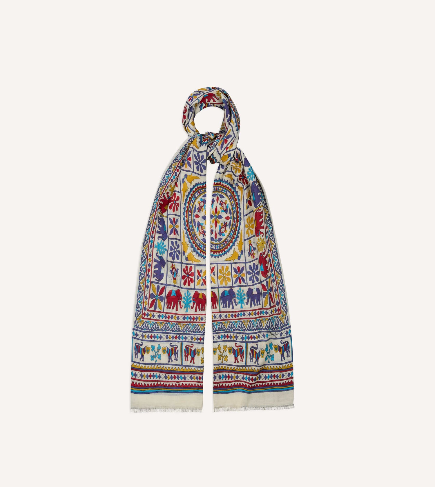 Ecru Elephants and Flowers Print Wool-Silk Scarf