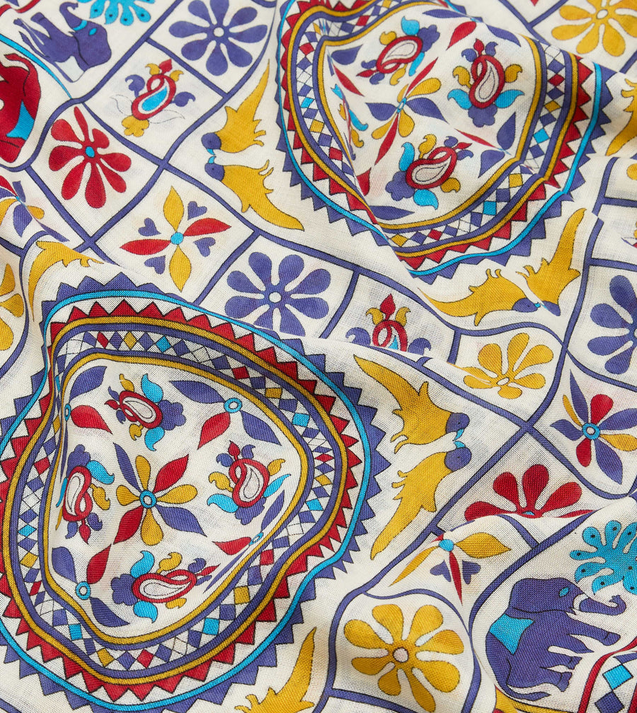 Ecru Elephants and Flowers Print Wool-Silk Scarf