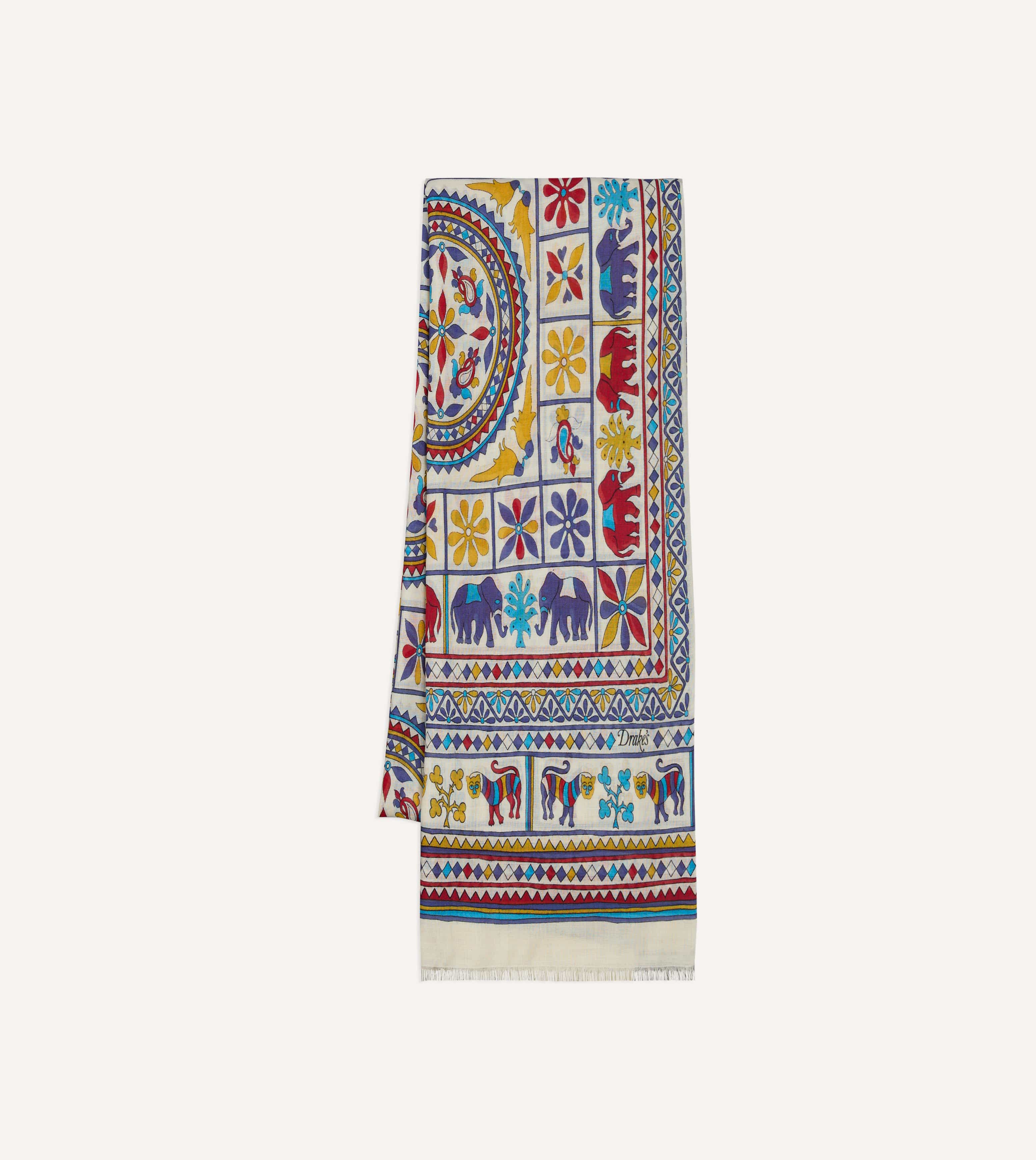 Ecru Elephants and Flowers Print Wool-Silk Scarf