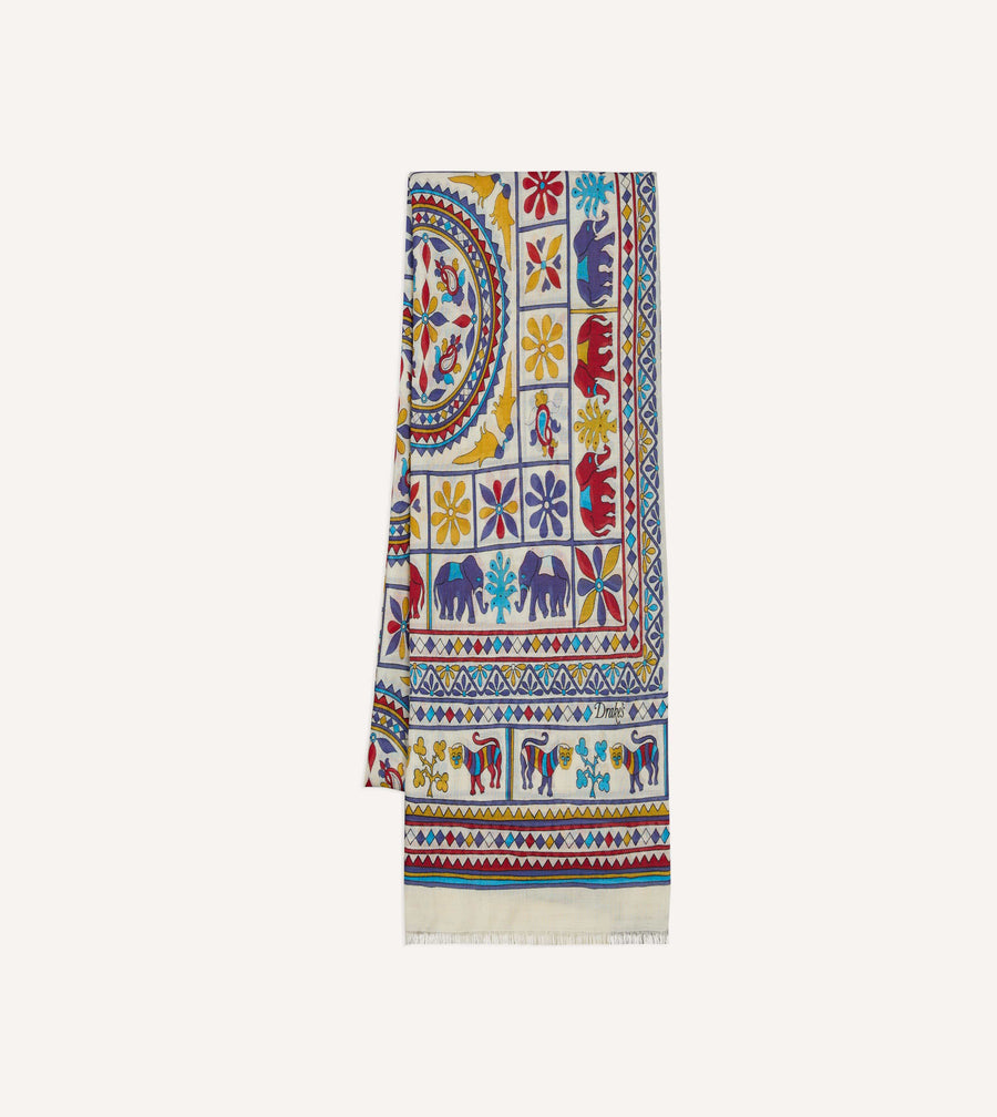 Ecru Elephants and Flowers Print Wool-Silk Scarf