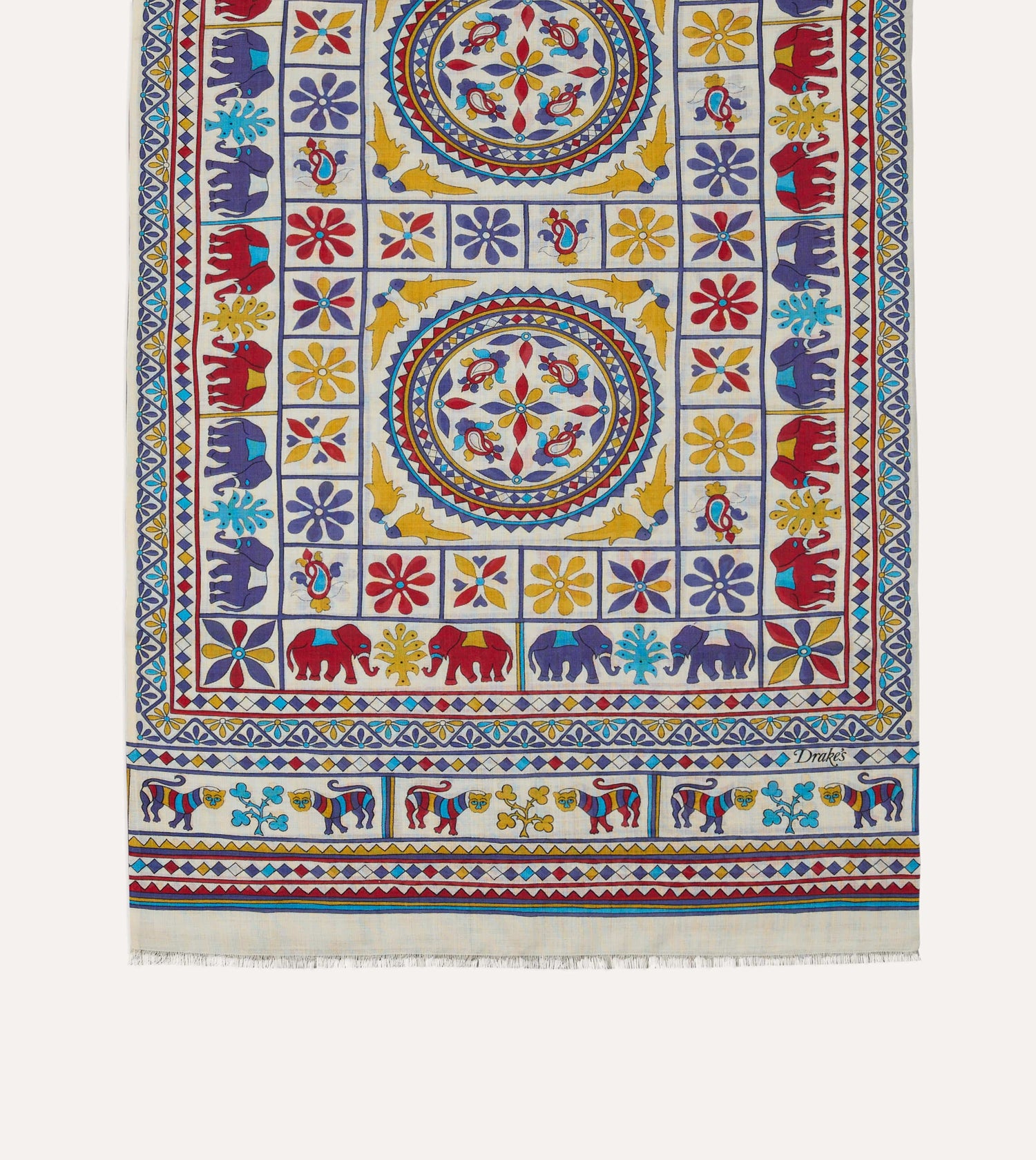 Ecru Elephants and Flowers Print Wool-Silk Scarf