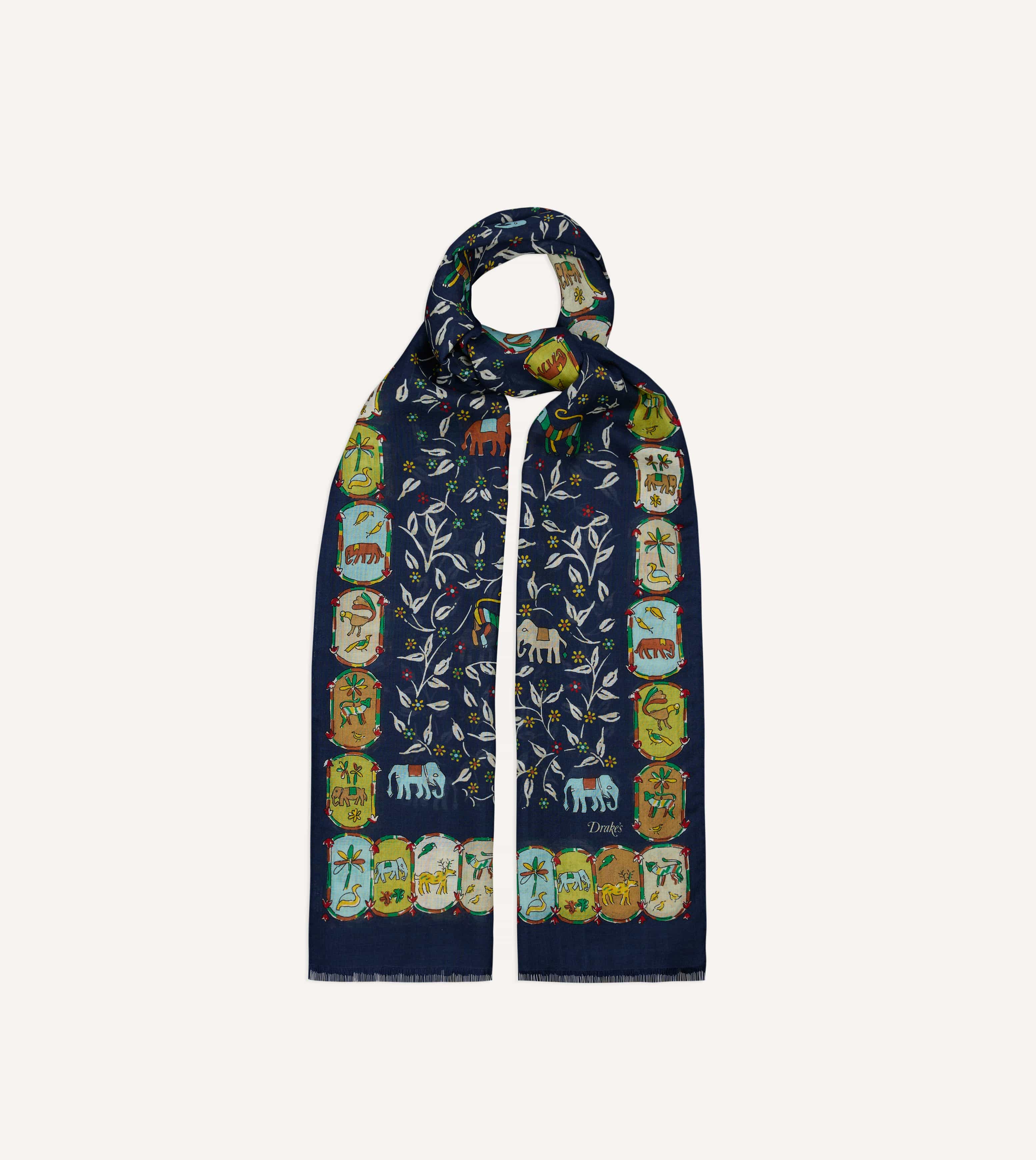 Navy Loose Animal Print Wool-Silk Scarf – Drakes