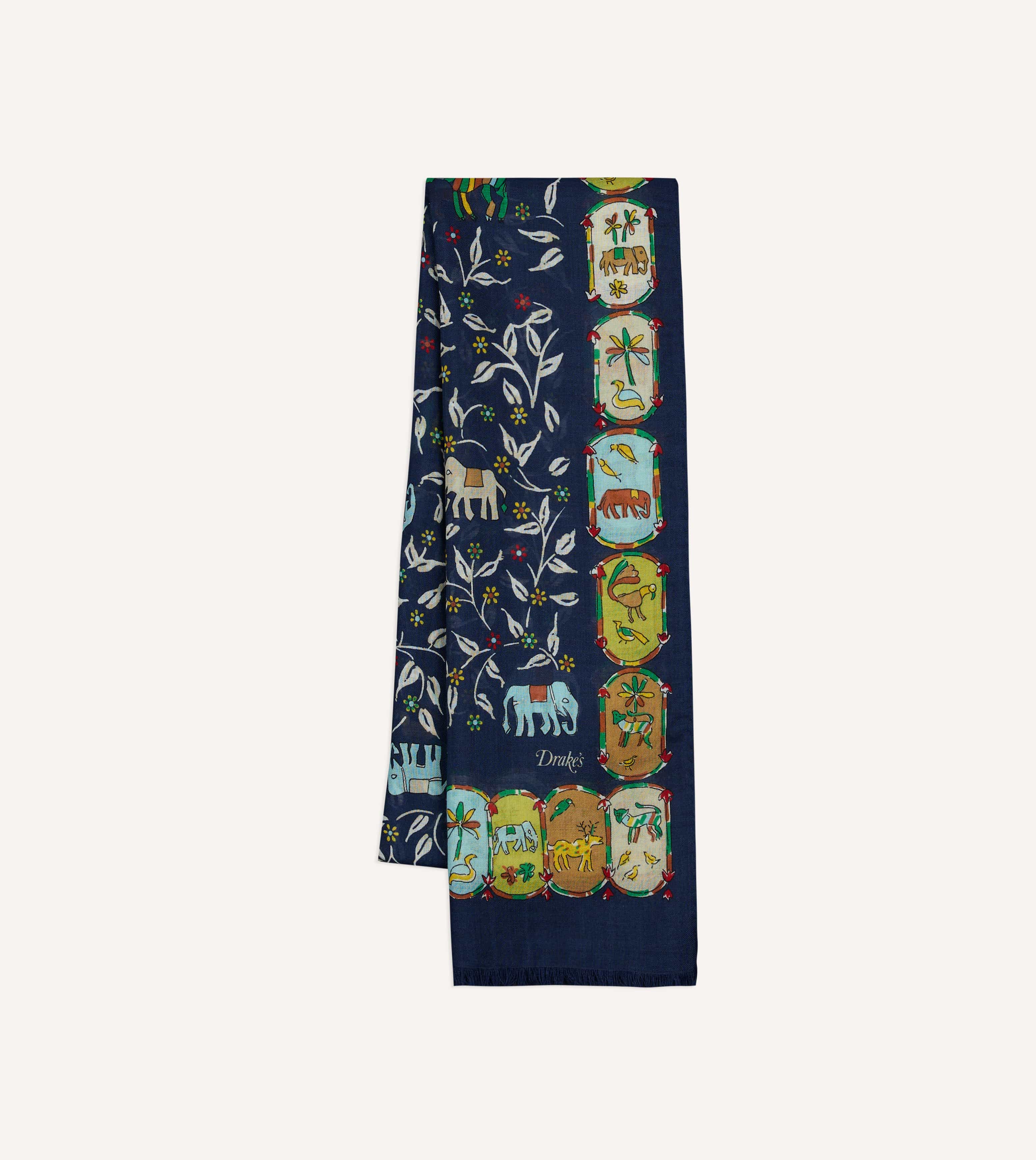 Navy Loose Animal Print Wool-Silk Scarf – Drakes