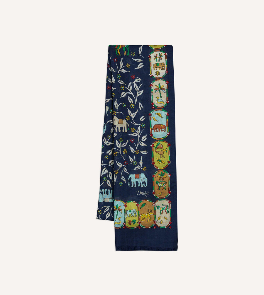 Navy Loose Animal Print Wool-Silk Scarf