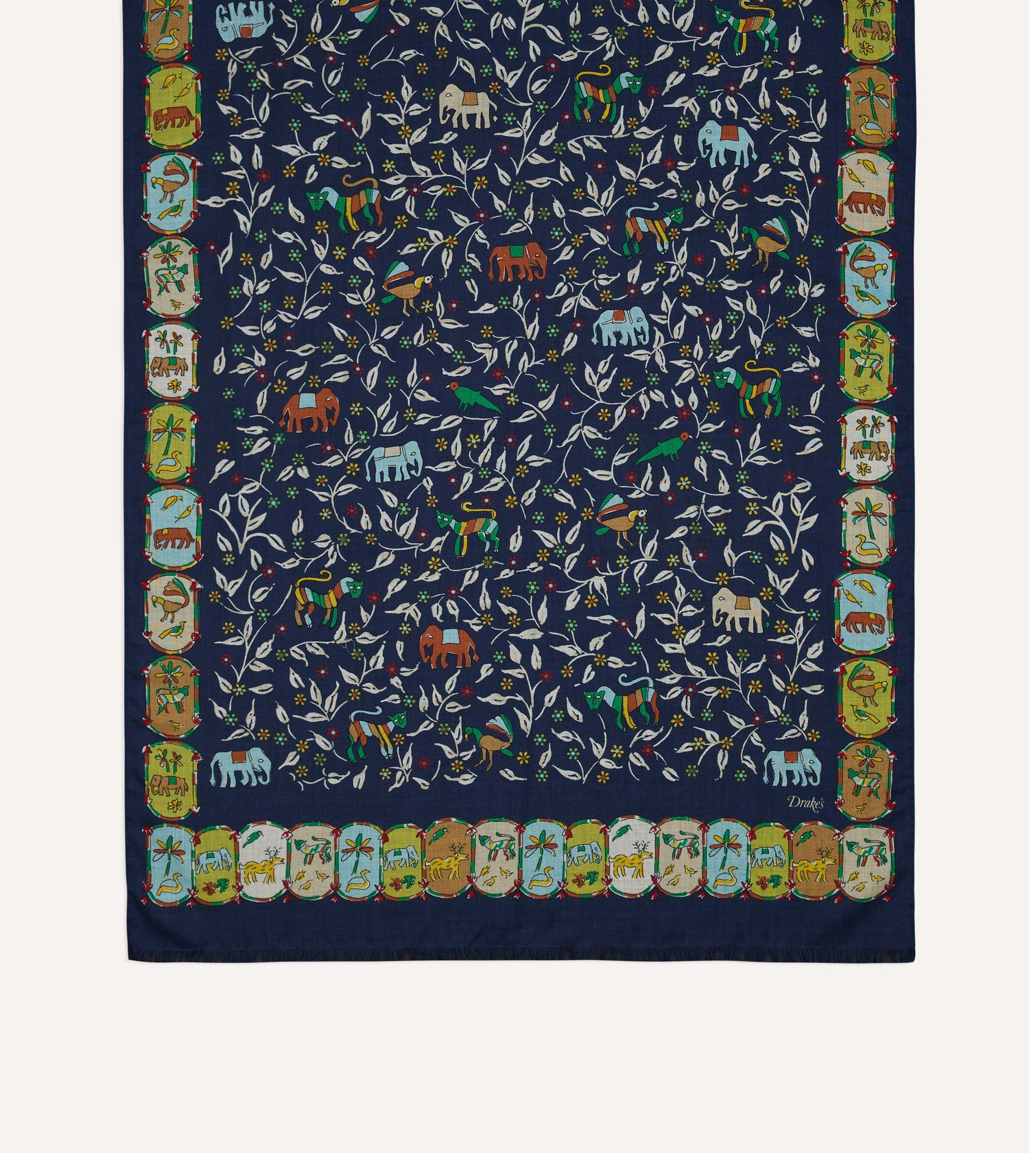 Navy Loose Animal Print Wool-Silk Scarf