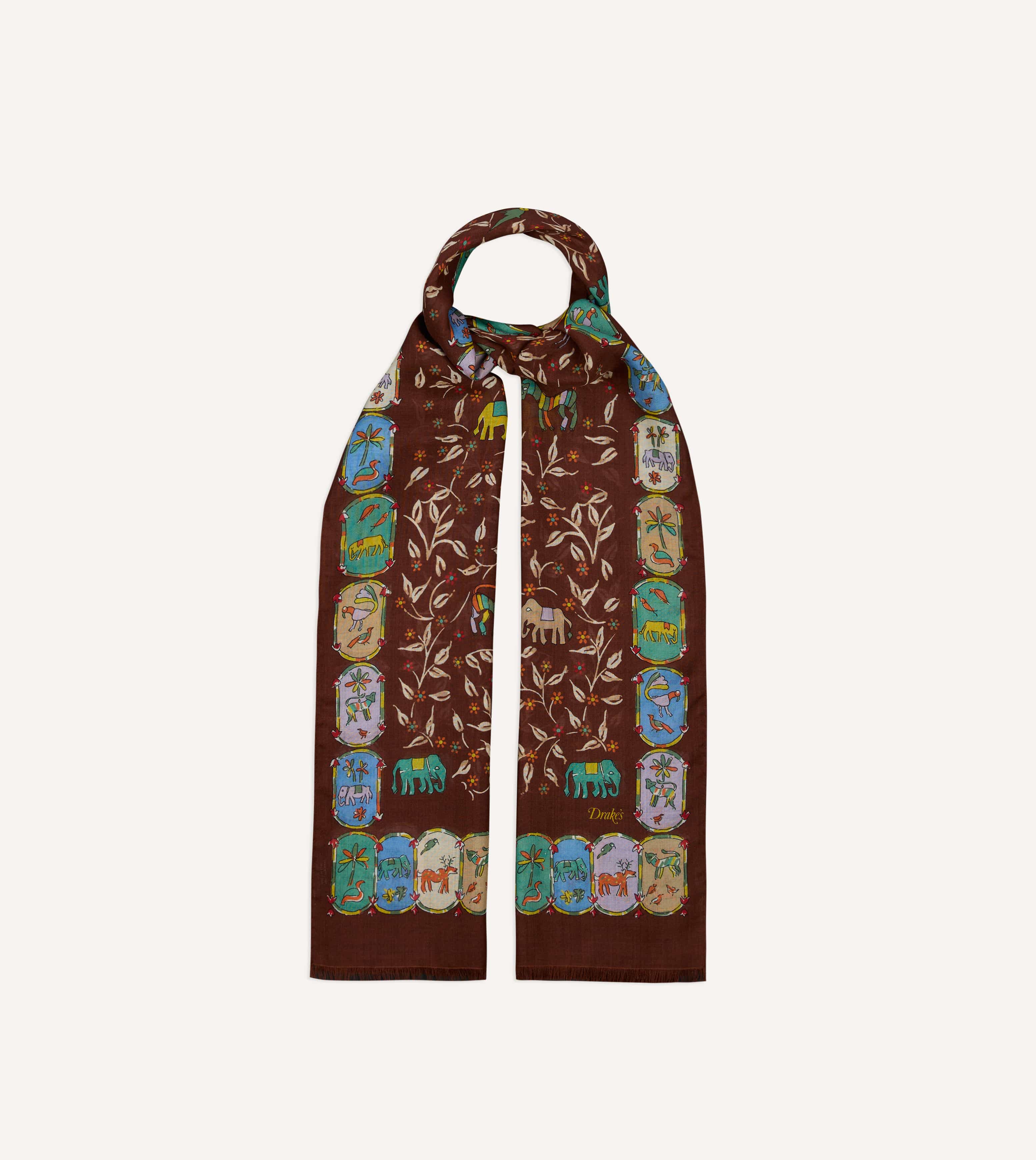 Brown Loose Animal Print Wool-Silk Scarf