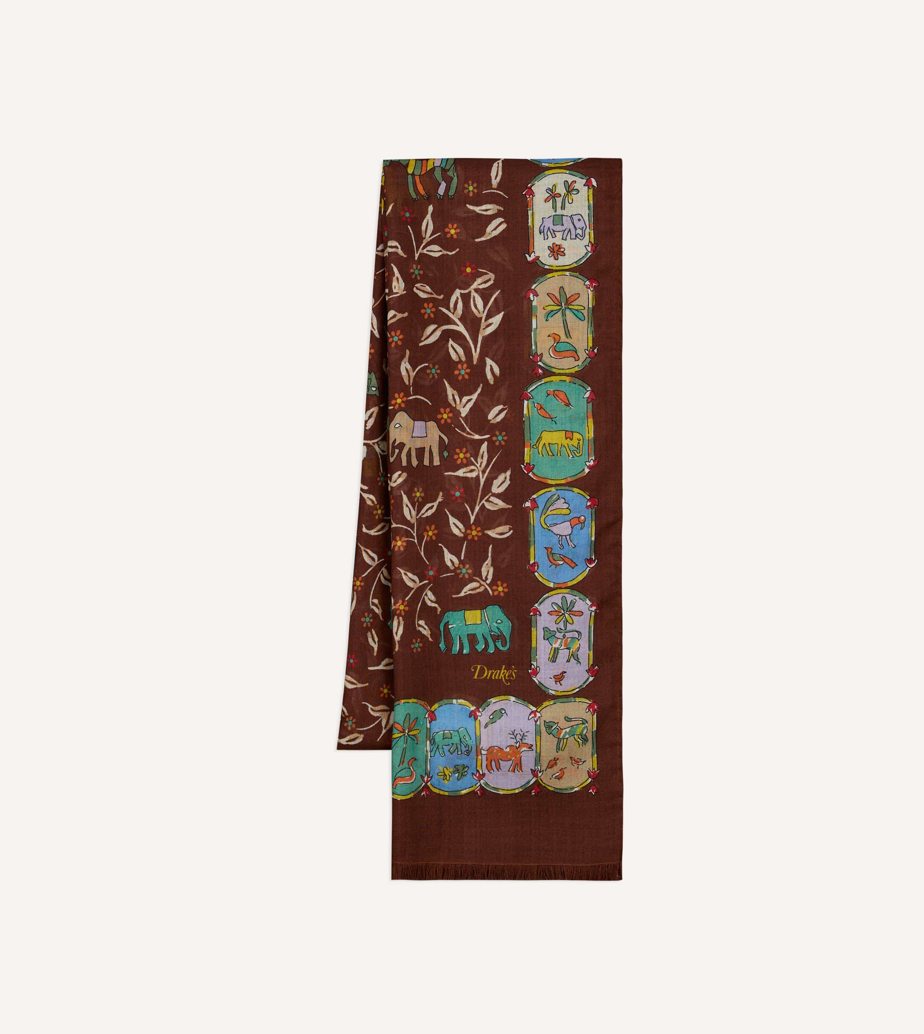 Brown Loose Animal Print Wool-Silk Scarf