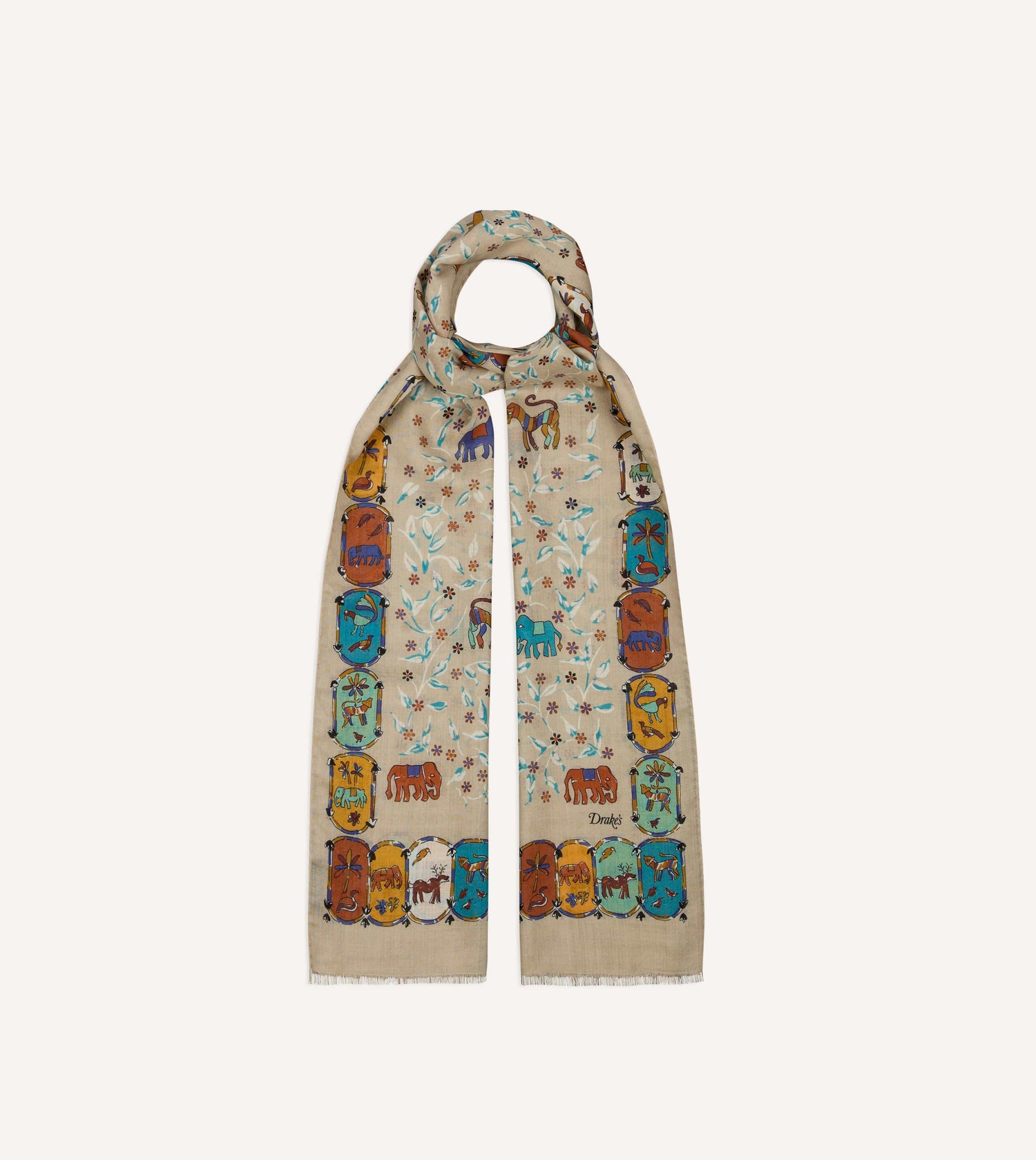 Ecru Loose Animal Print Wool-Silk Scarf