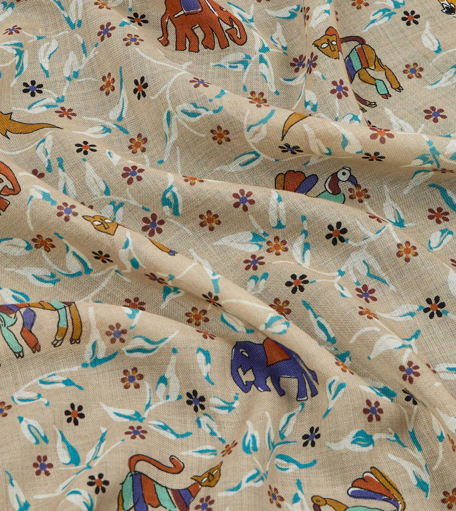 Ecru Loose Animal Print Wool-Silk Scarf