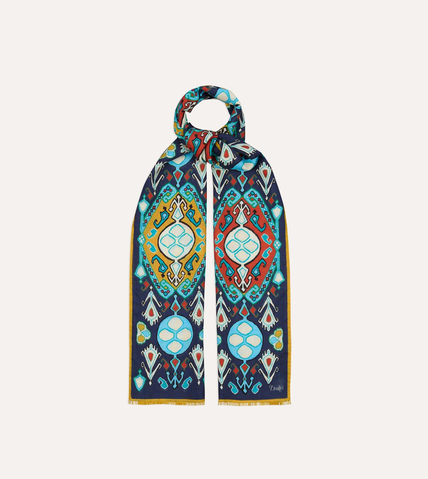 Navy Tapestry Print Wool Silk Scarf