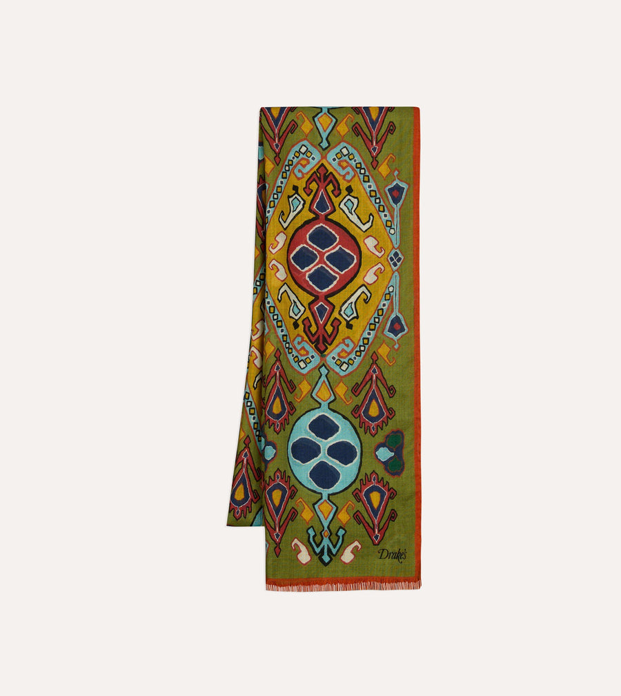 Olive Tapestry Print Wool Silk Scarf