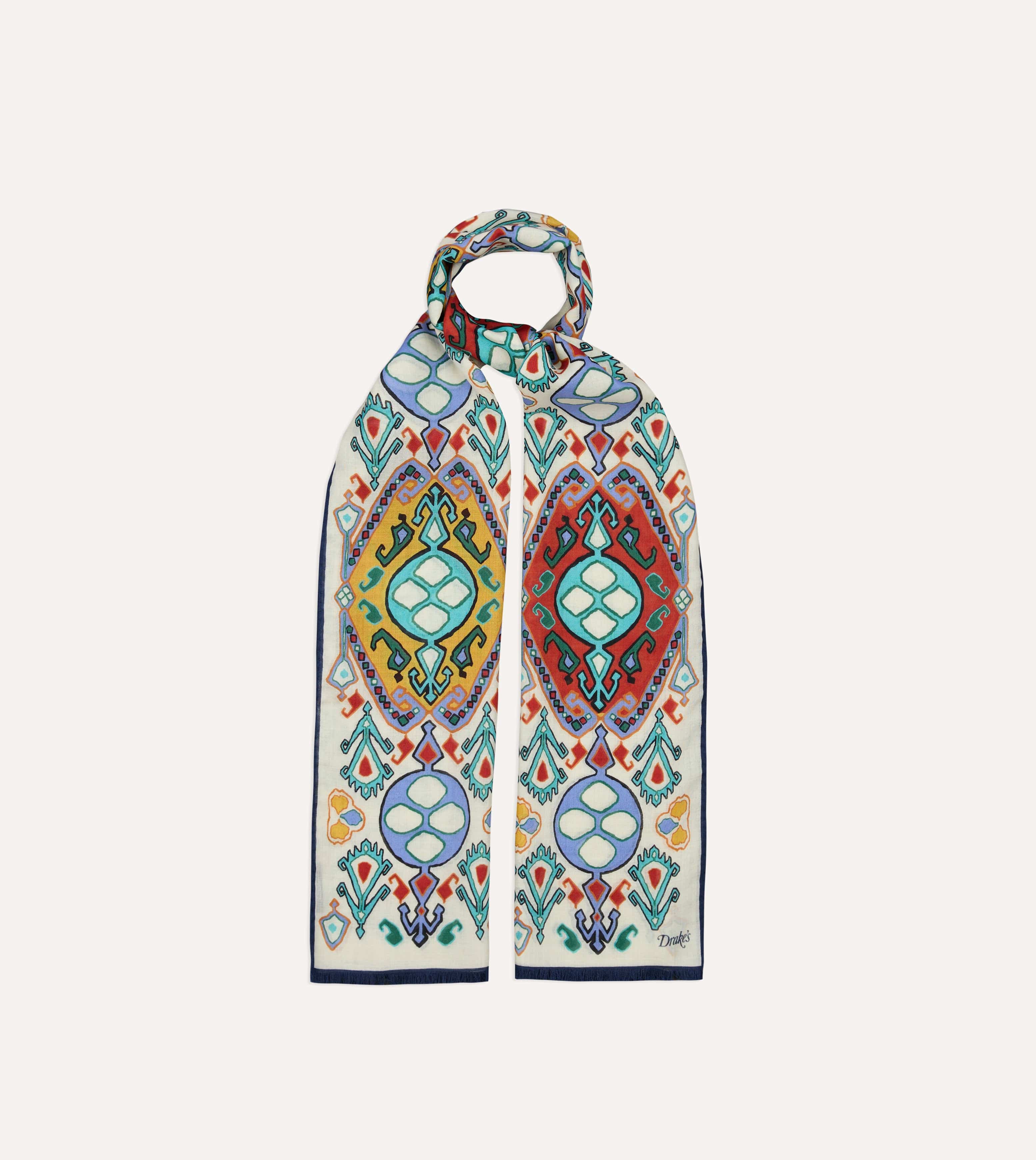 Ecru Tapestry Print Wool Silk Scarf