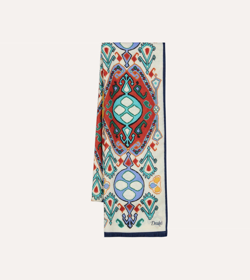 Ecru Tapestry Print Wool Silk Scarf